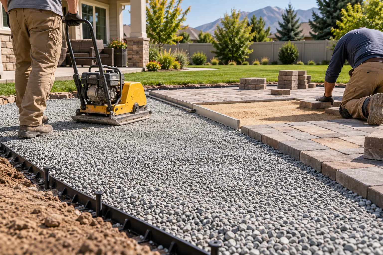 Compacted gravel base and edge restraints prepared for a paver patio installation in Boise, Idaho