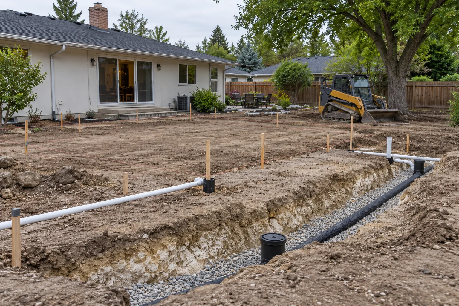Backyard renovation in Boise, Idaho mid-construction with drainage trench, irrigation sleeves, and patio layout