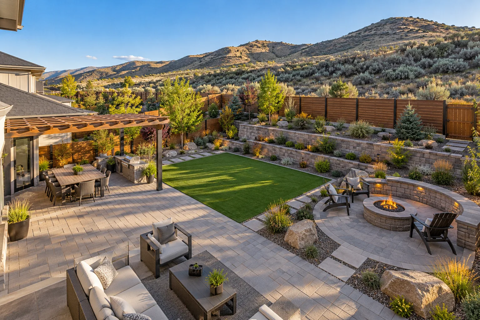 Complete backyard renovation in Boise, Idaho with paver patio, terraced retaining wall, turf, and fencing