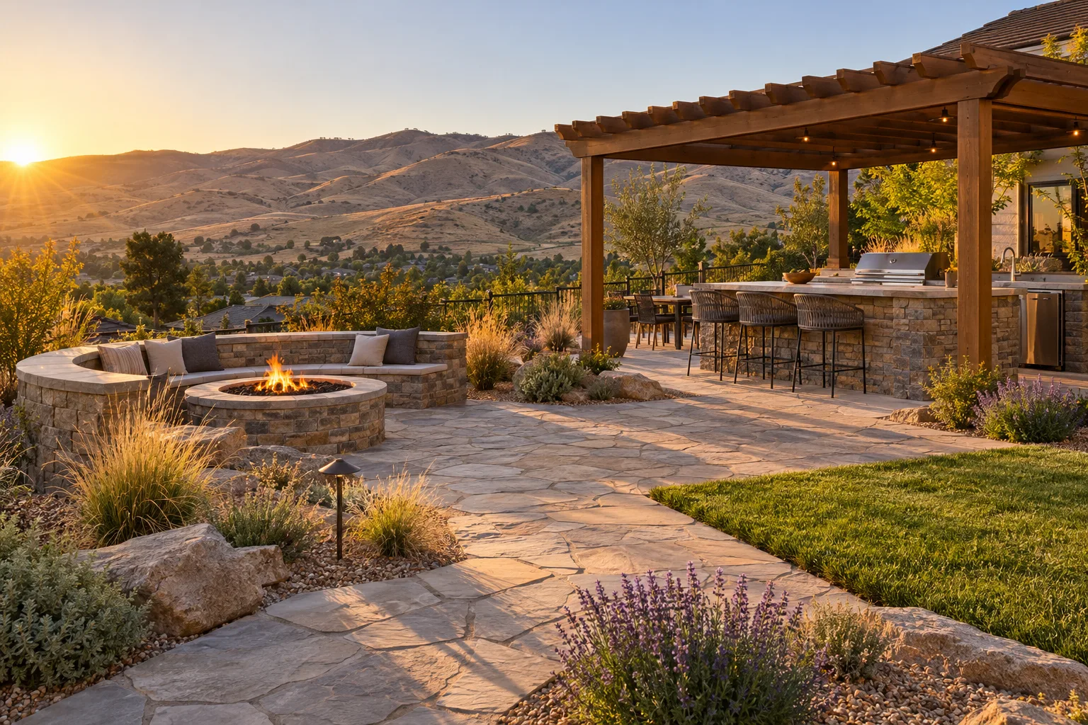 Renovated backyard in Boise, Idaho with stone patio, fire pit, pergola, and xeriscape beds near the Foothills