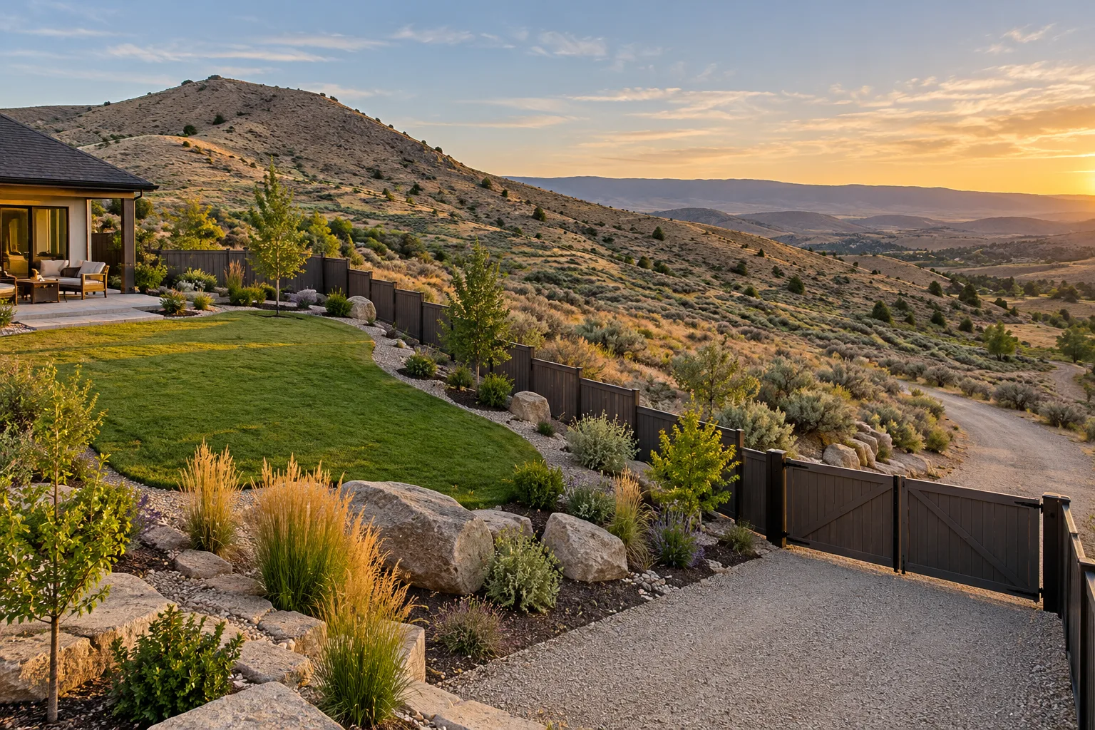 Stepped fence and wide RV gate on a sloped Foothills lot after fence installation in Boise, Idaho