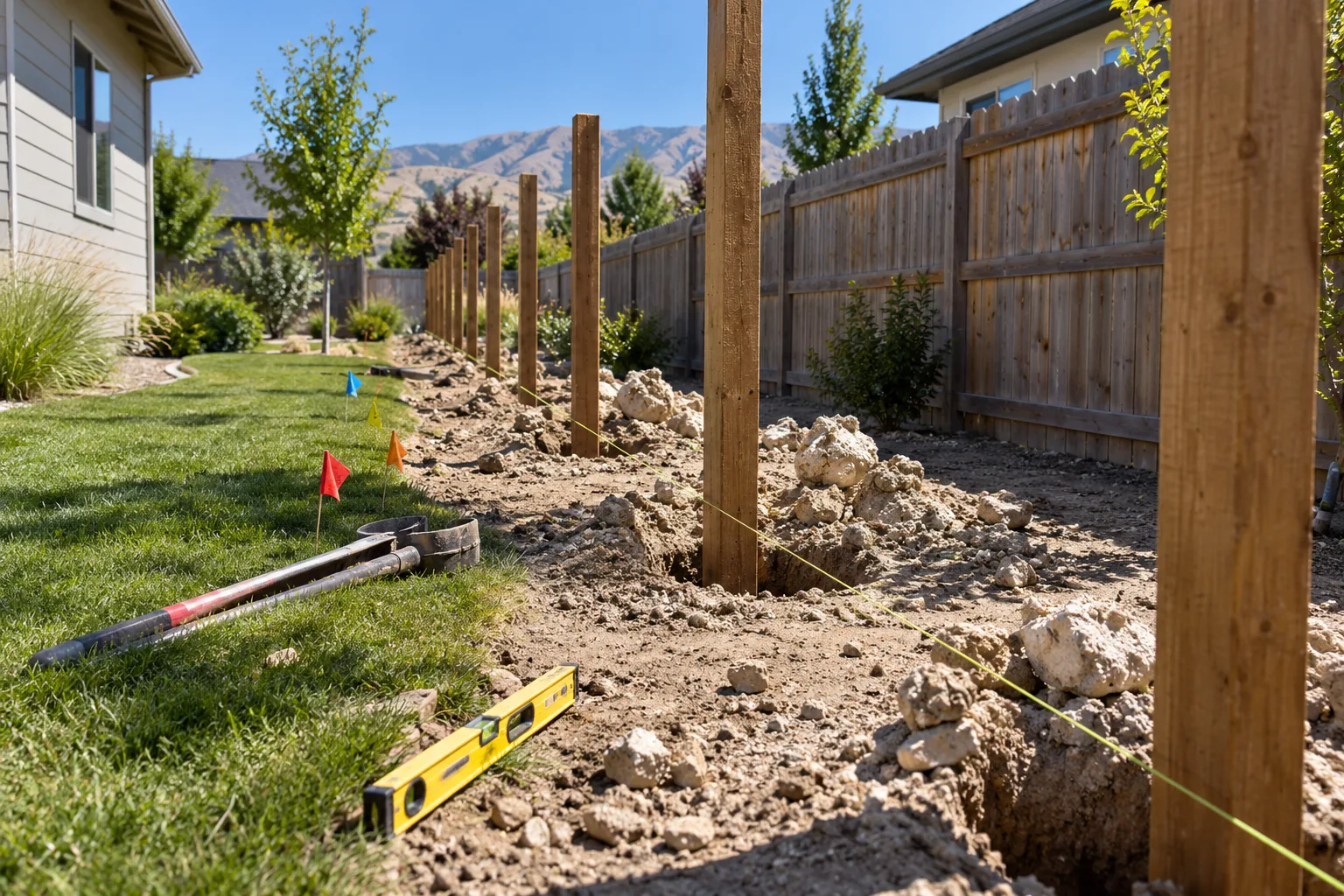Fence post layout during fence installation in Boise, Idaho, with string line, dug holes, and caliche soil
