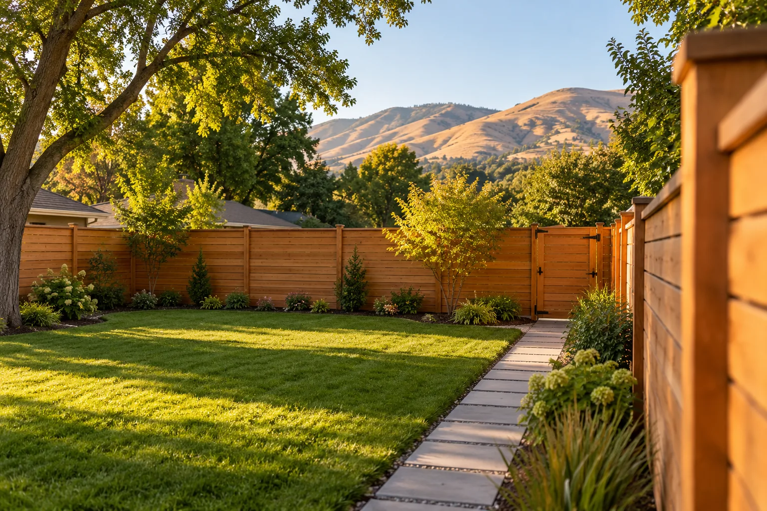 New privacy fence installation in a Boise, Idaho backyard with mature shade trees and the Foothills beyond