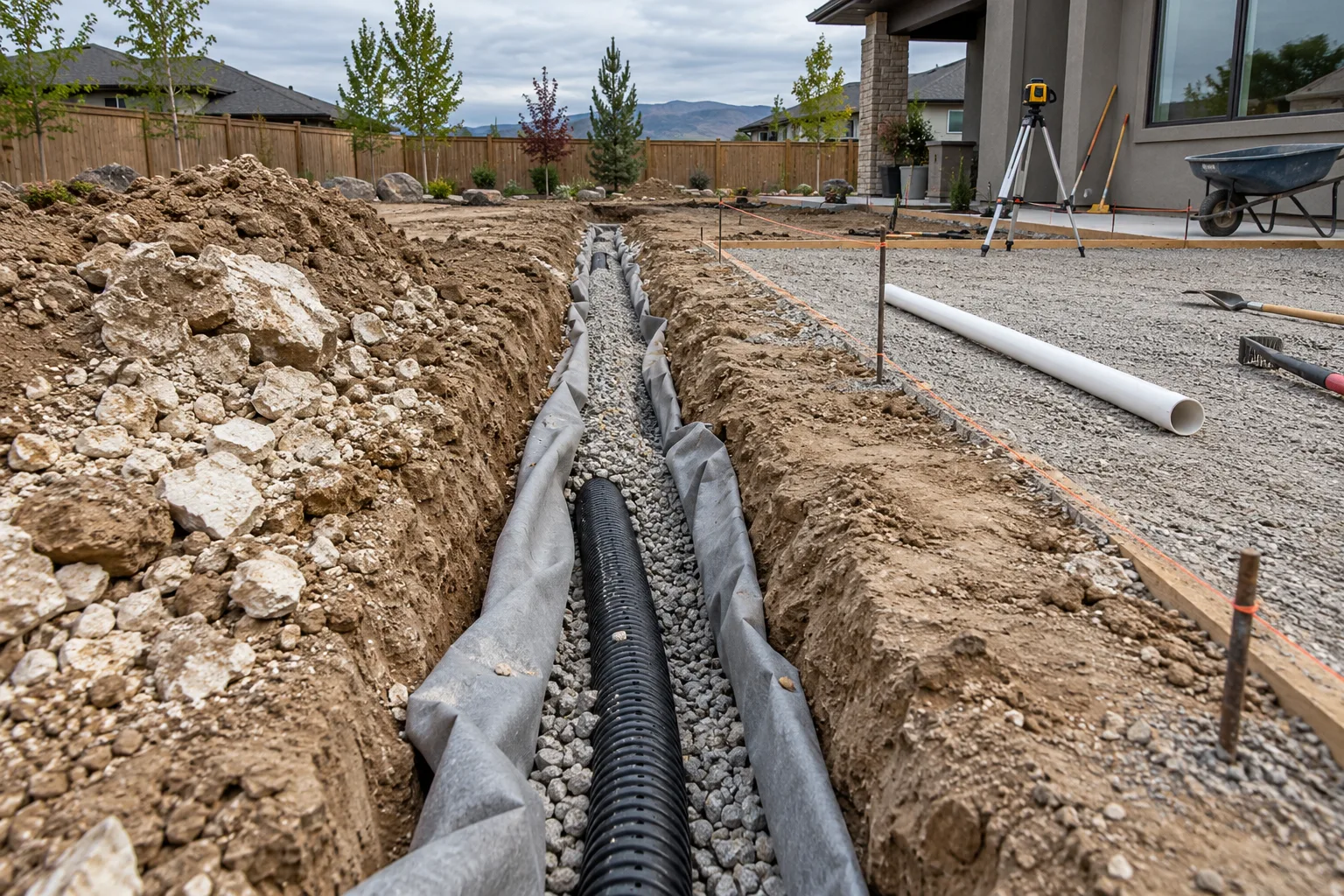 French drain trench with perforated pipe, gravel, and filter fabric being installed in a Boise, Idaho backyard