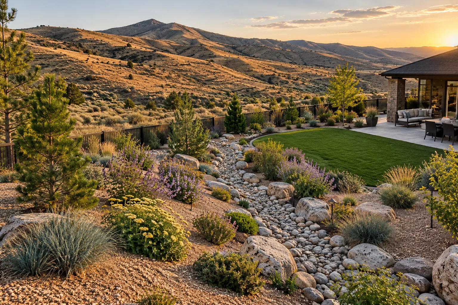 Foothills-edge yard with rock-lined swale and drip-irrigated xeriscape in Boise, Idaho