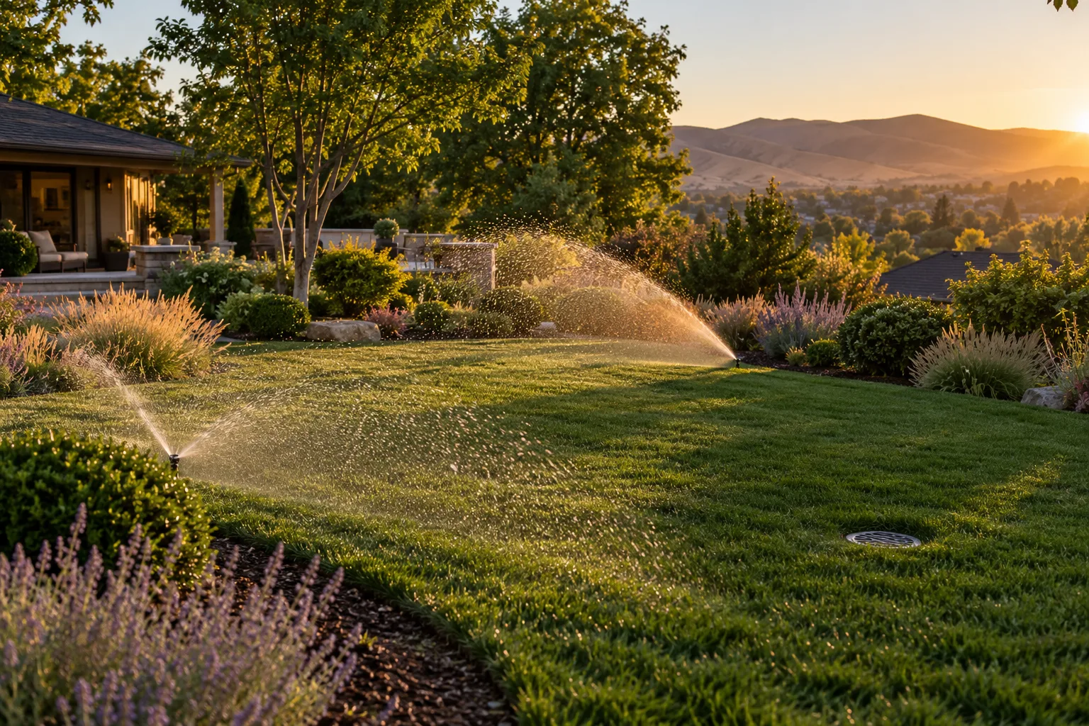 Rotor irrigation watering a green backyard lawn with drip-fed planting beds in Boise, Idaho