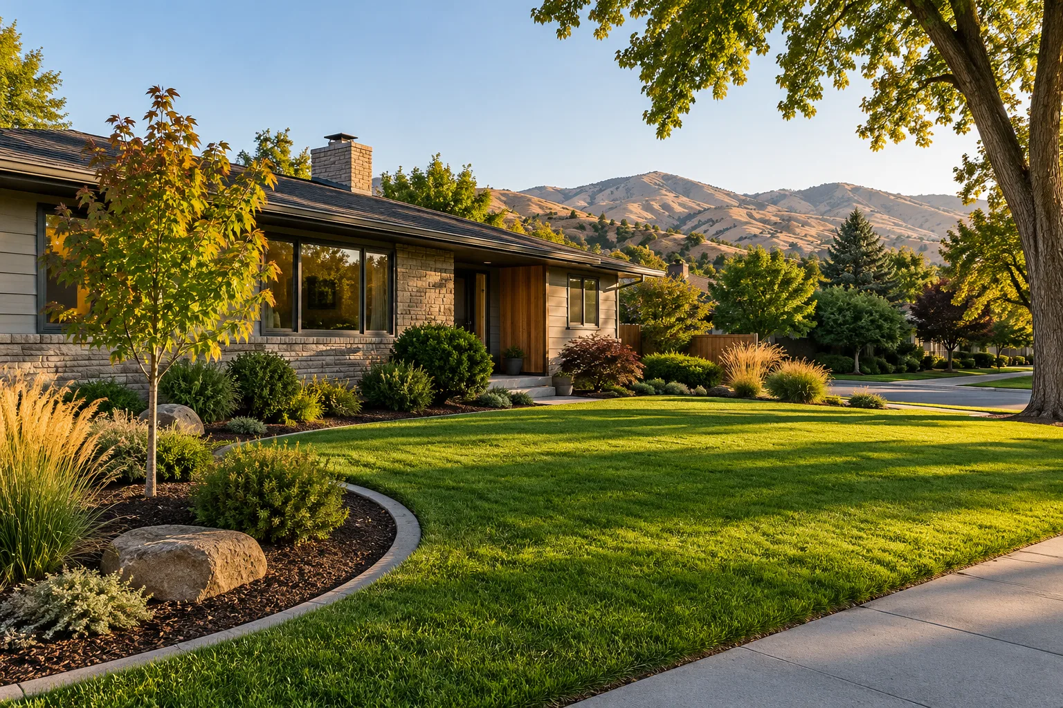 New sod lawn with concrete curbing and planting beds at an older home in Boise, Idaho, landscaping and sod installation
