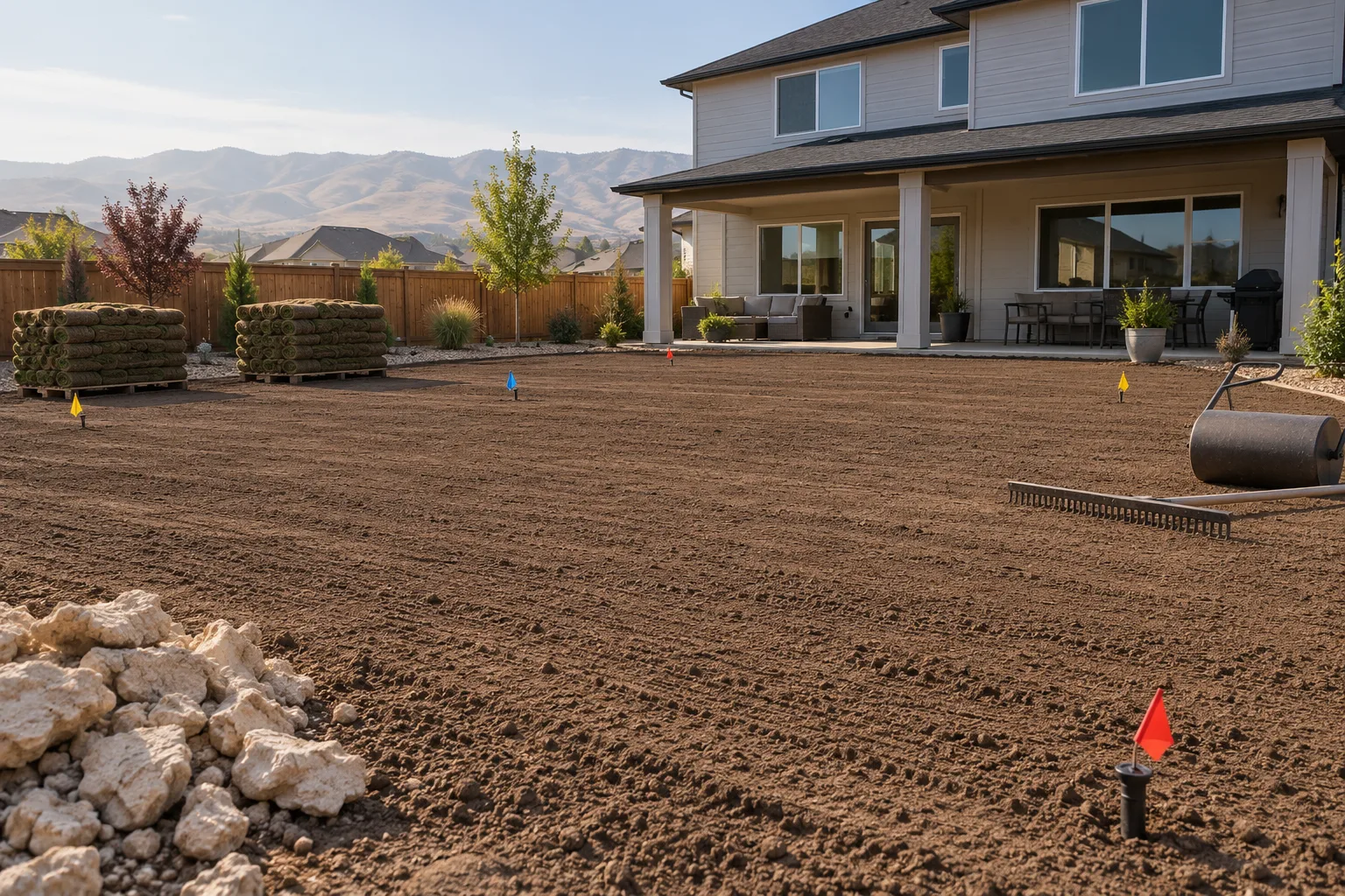 Soil preparation and fine grading before sod installation in a Boise, Idaho backyard, with sod rolls and irrigation flags