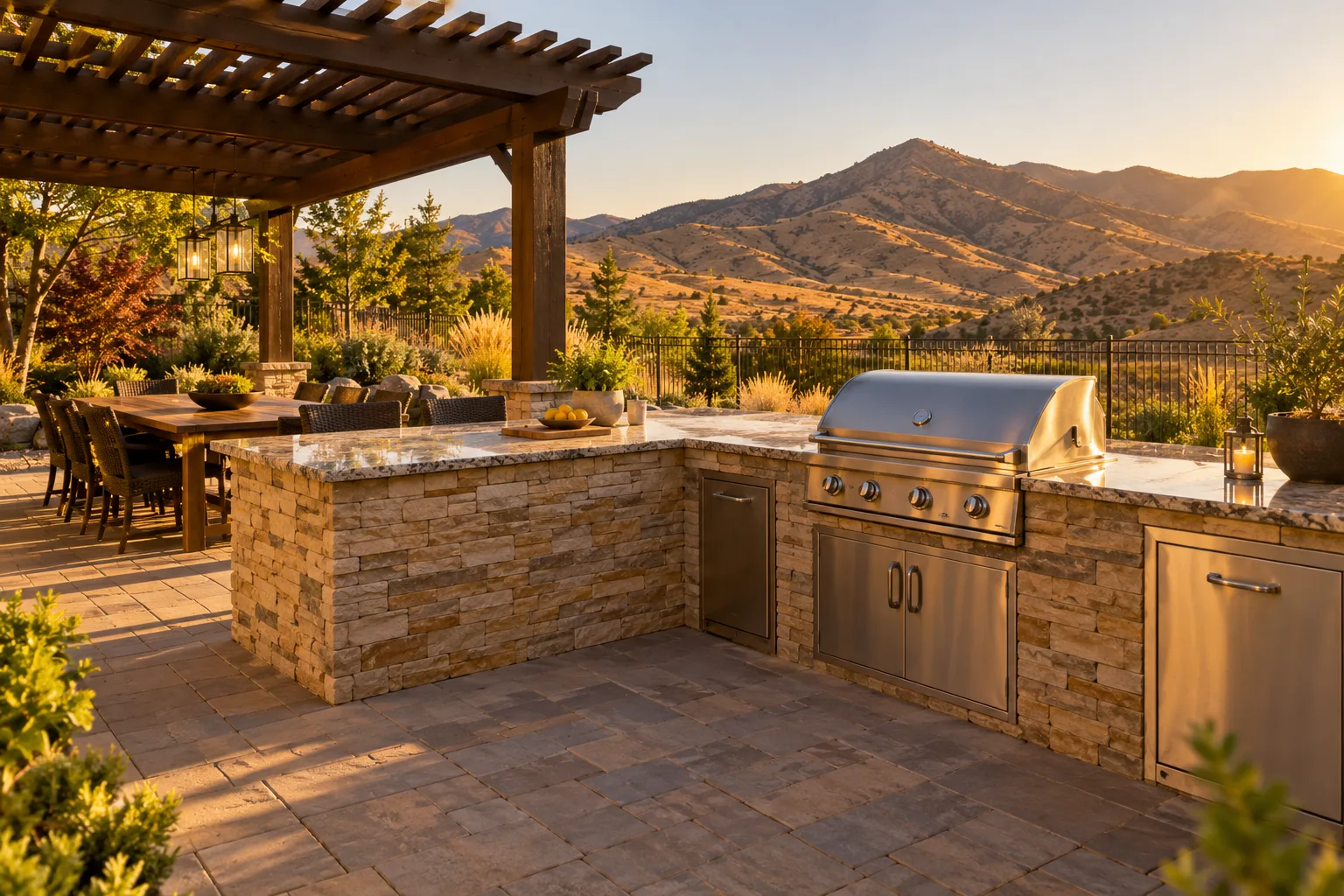 Stone-clad outdoor kitchen BBQ island with pergola on a paver patio below the Boise Foothills in Boise, Idaho