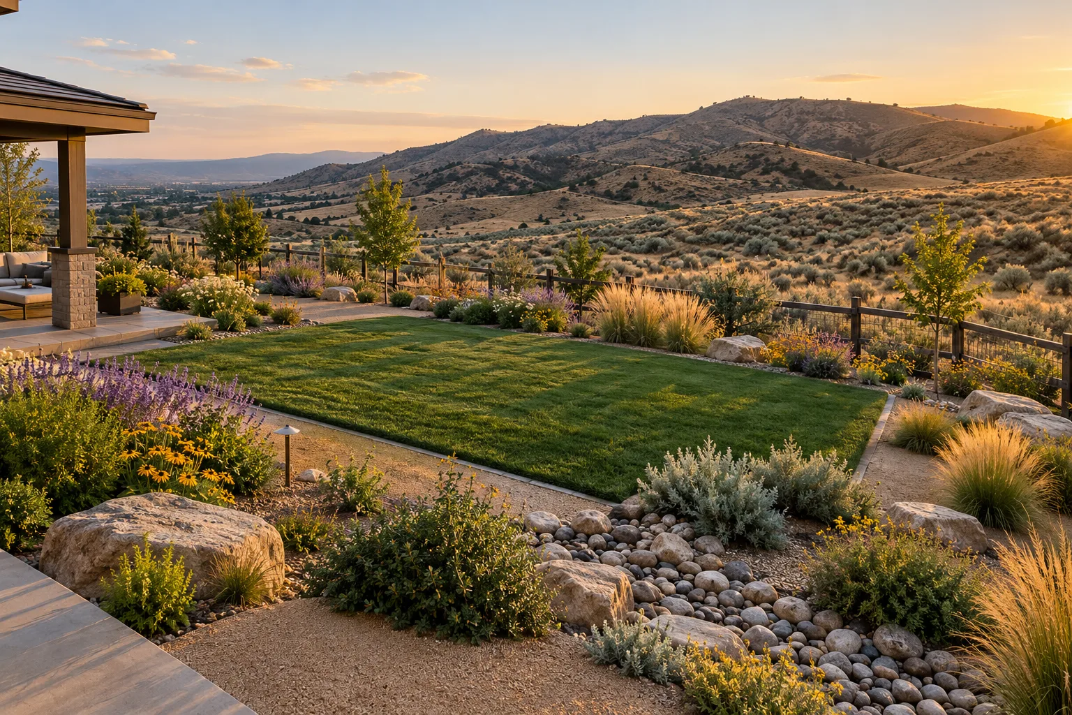 Wide view of a xeriscape backyard with a small sod lawn near the Boise Foothills, Idaho, low-water landscaping