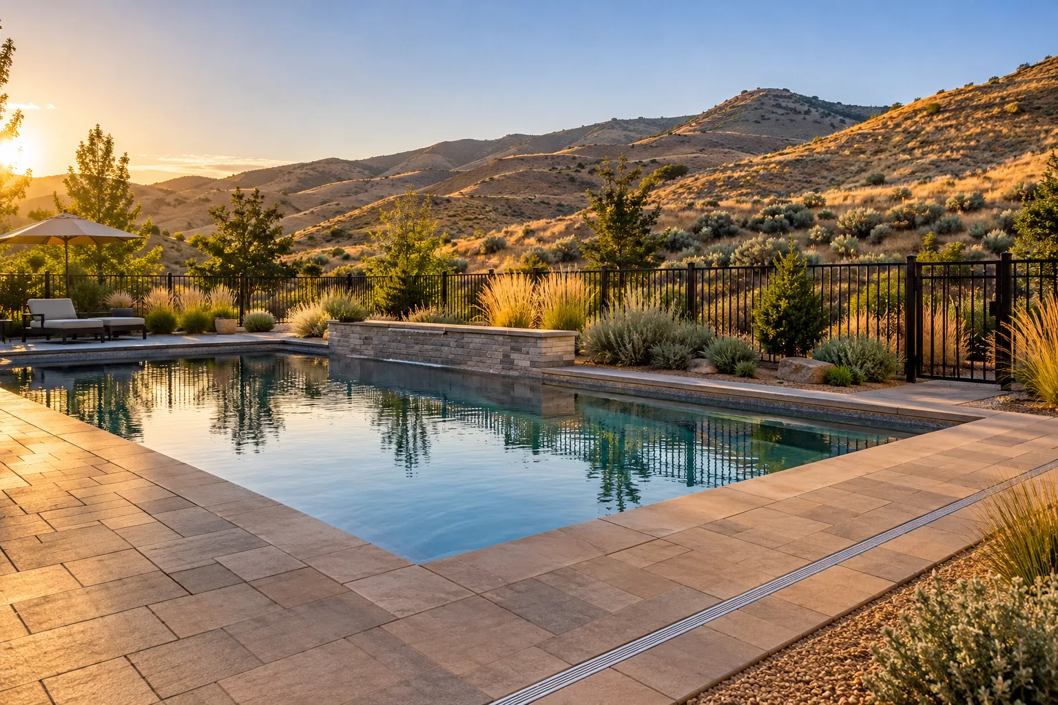 Finished paver pool deck with channel drain around a backyard pool in Boise, Idaho, with Foothills in the background