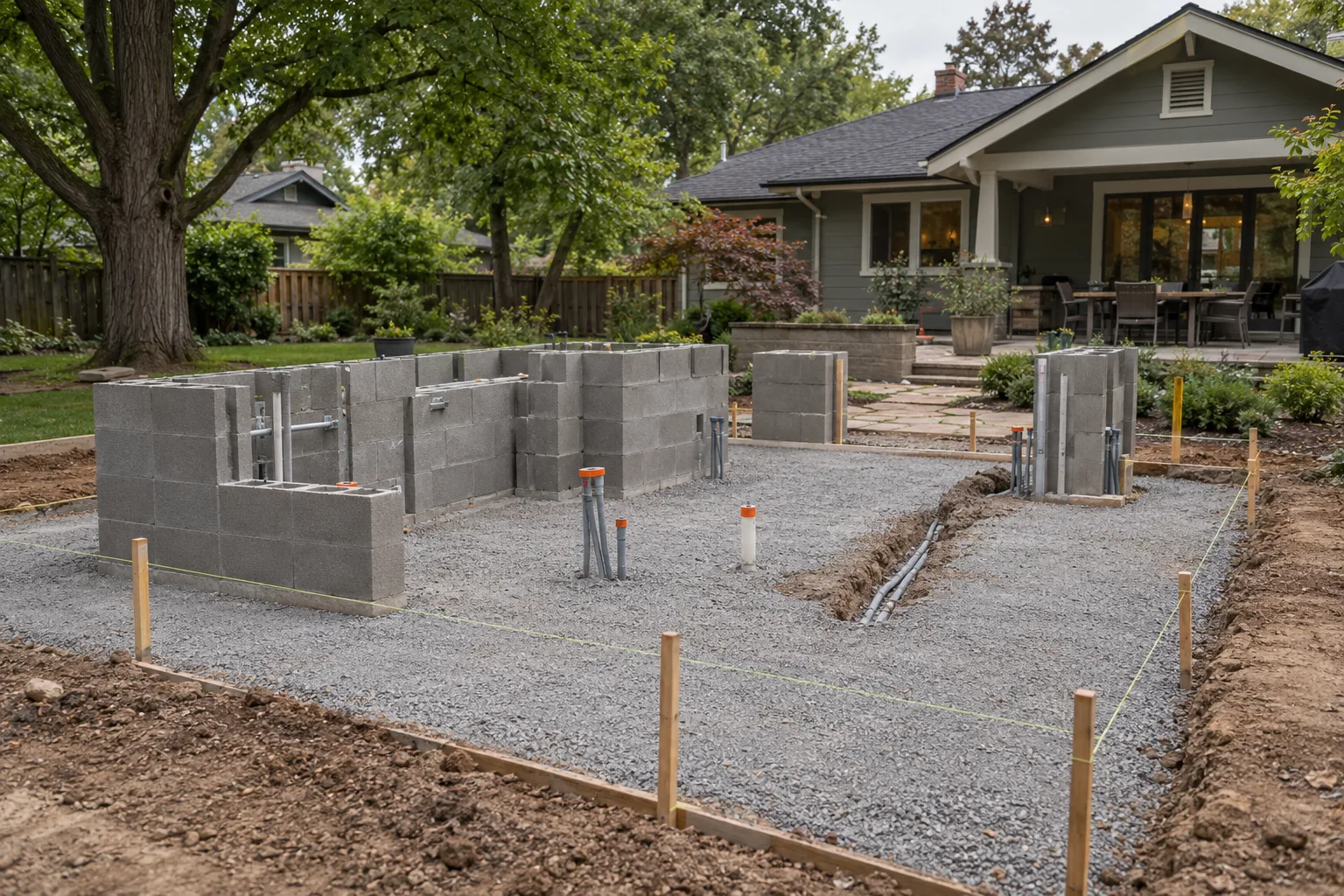 Outdoor kitchen under construction with compacted gravel base, block island cores, and utility sleeves in Boise, Idaho