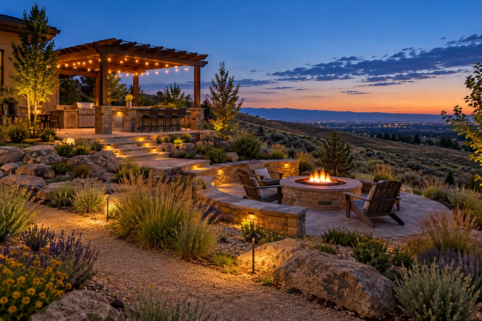 Wide backyard with outdoor kitchen, pergola, seat wall, and gas fire pit on a sloped lot in east Boise, Idaho