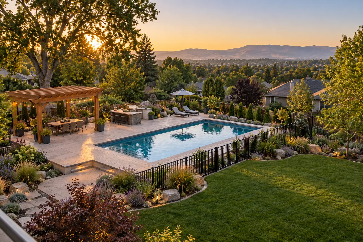 Wide view of a backyard with pool, stamped concrete deck, pergola, fencing, and lawn in an established Boise, Idaho neighborhood