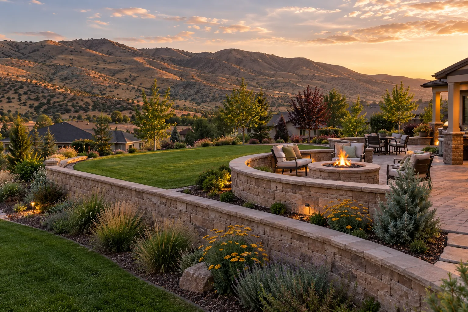 Wide view of a terraced Boise, Idaho backyard with a block retaining wall, level lawn, and stone seat wall near the foothills