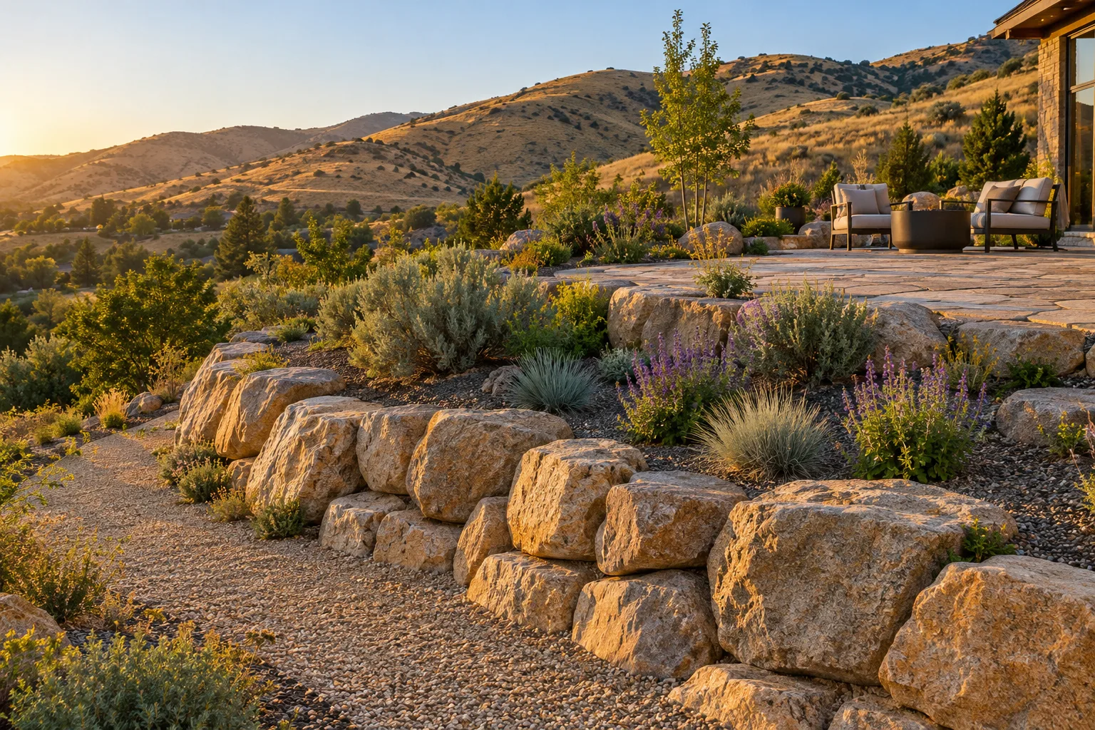 Two-tier boulder retaining wall terracing a sloped backyard at the edge of the Boise Foothills in Boise, Idaho