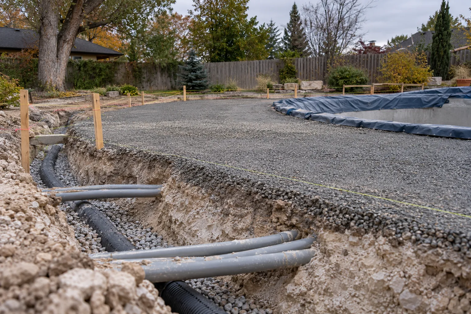 Compacted gravel base, drain trench, and conduit sleeves around a pool site under construction in Boise, Idaho