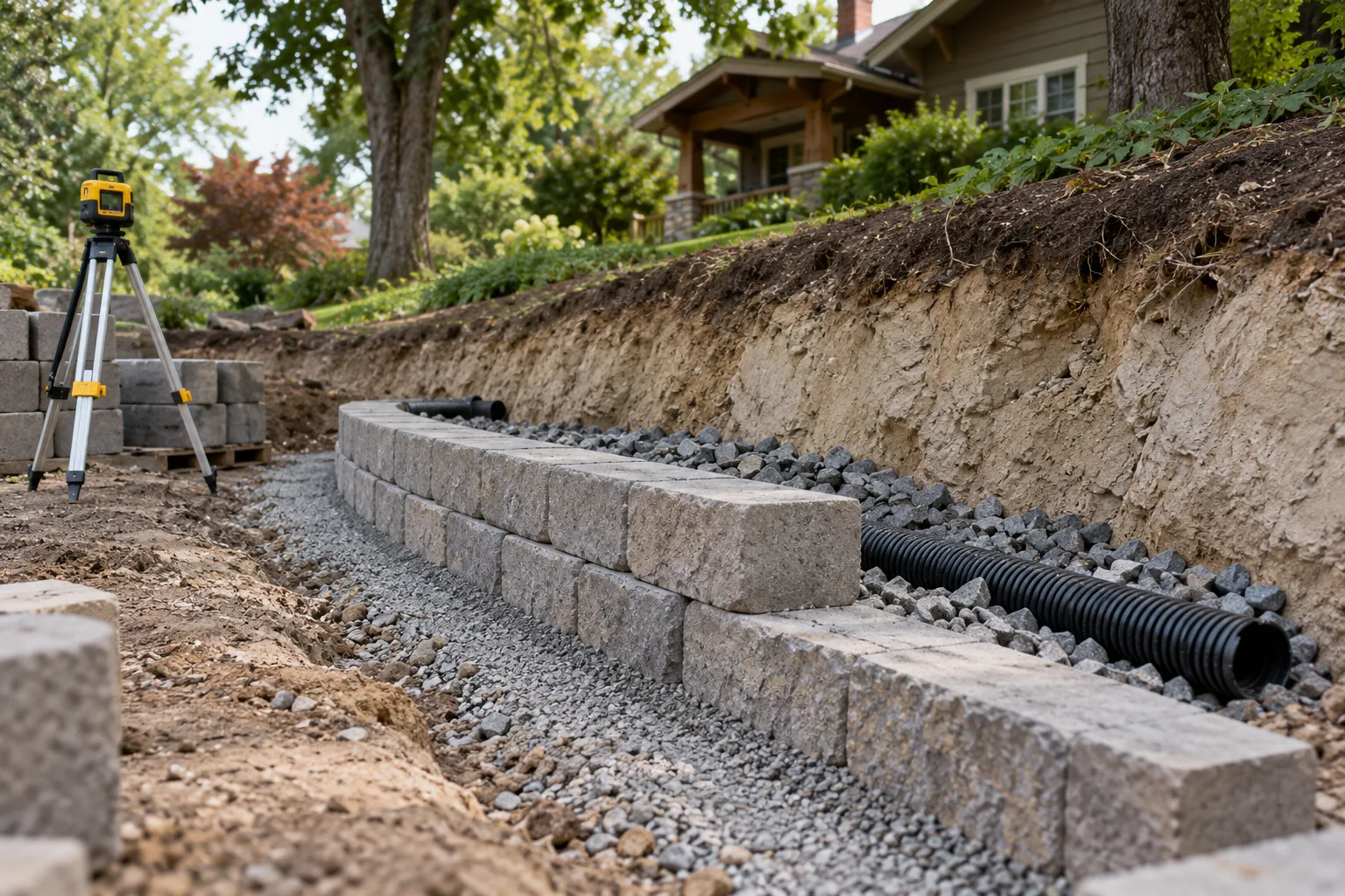 Block retaining wall under construction with drain pipe and drainage stone behind it on a Boise, Idaho Bench lot