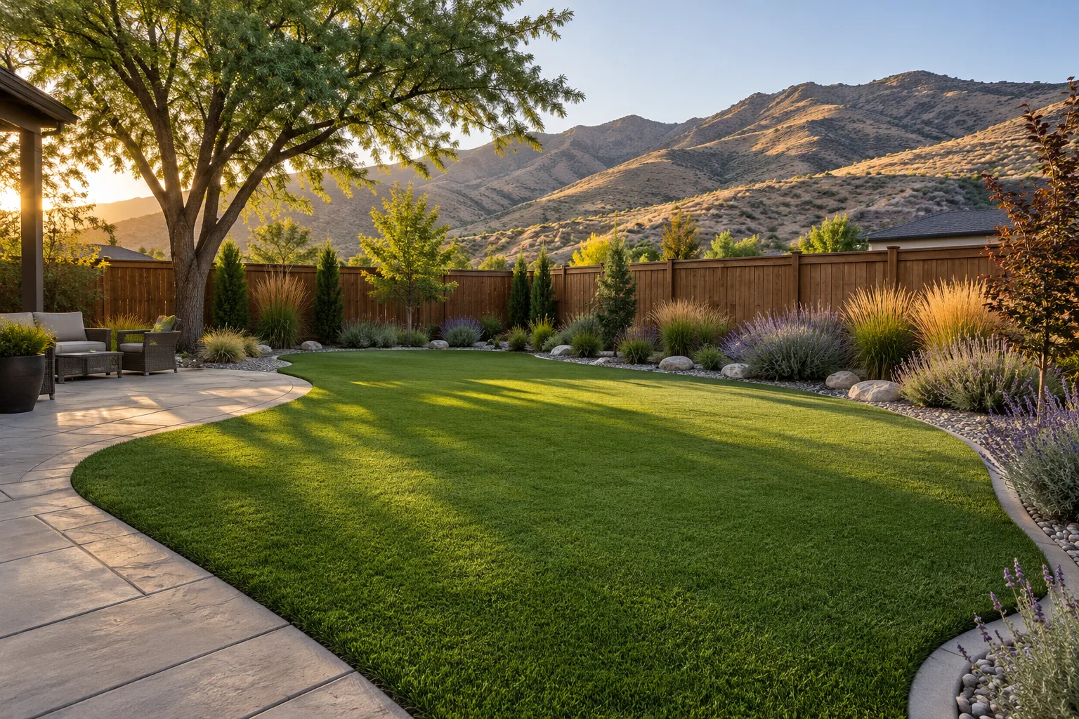 Artificial turf installation in a Boise, Idaho backyard meeting a paver patio with the Boise Foothills in the distance