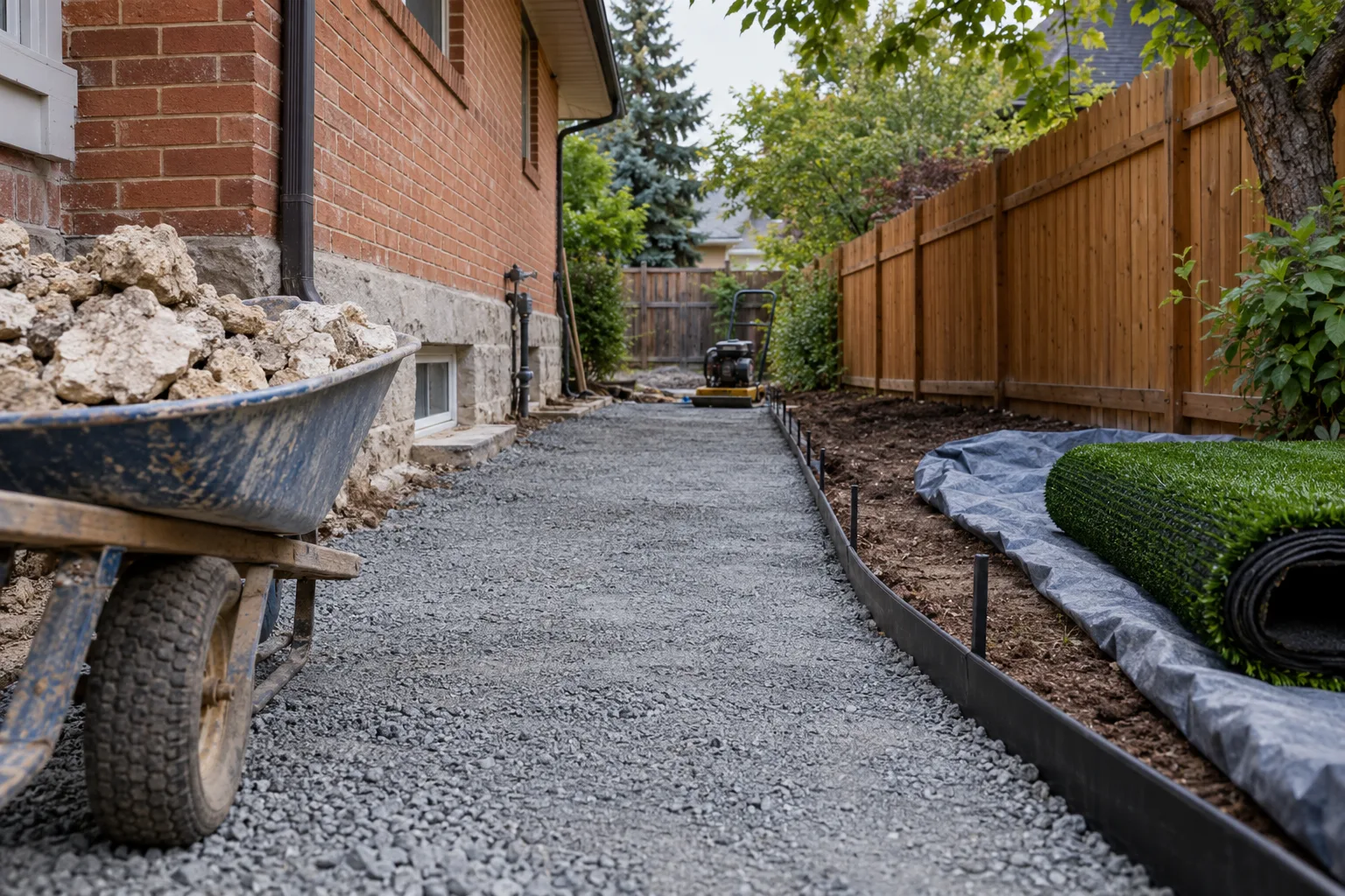 Compacted drainable base being prepared for artificial turf installation in a narrow Boise, Idaho side yard