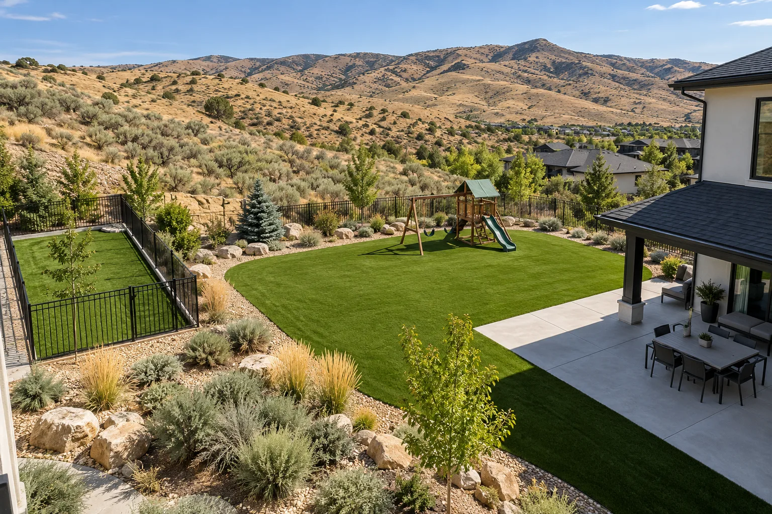 Wide view of pet-friendly artificial turf and play area in a Boise, Idaho backyard with xeriscape beds and foothills