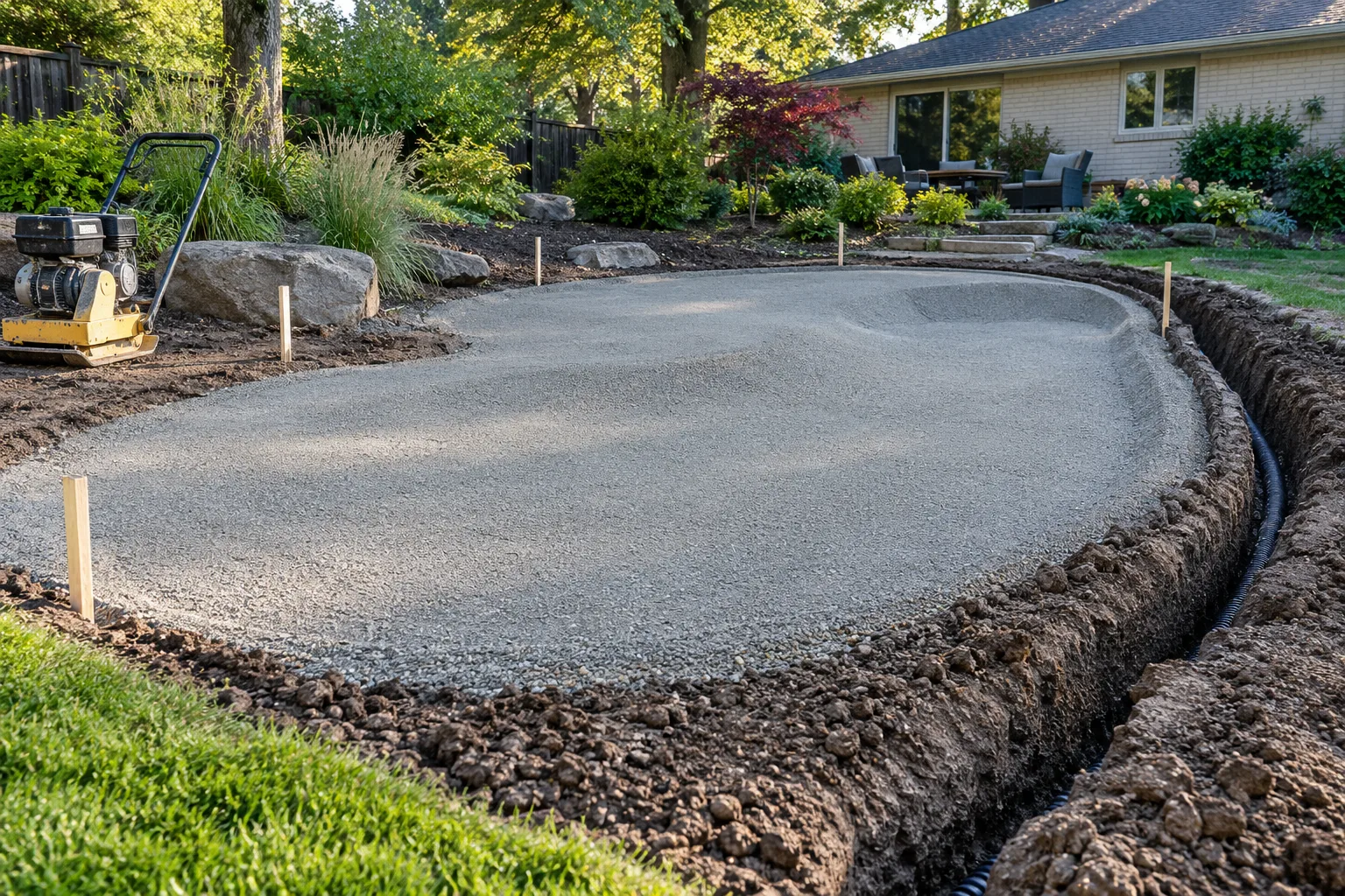 Putting green installation base preparation in Boise, Idaho, showing compacted contours and edge drainage