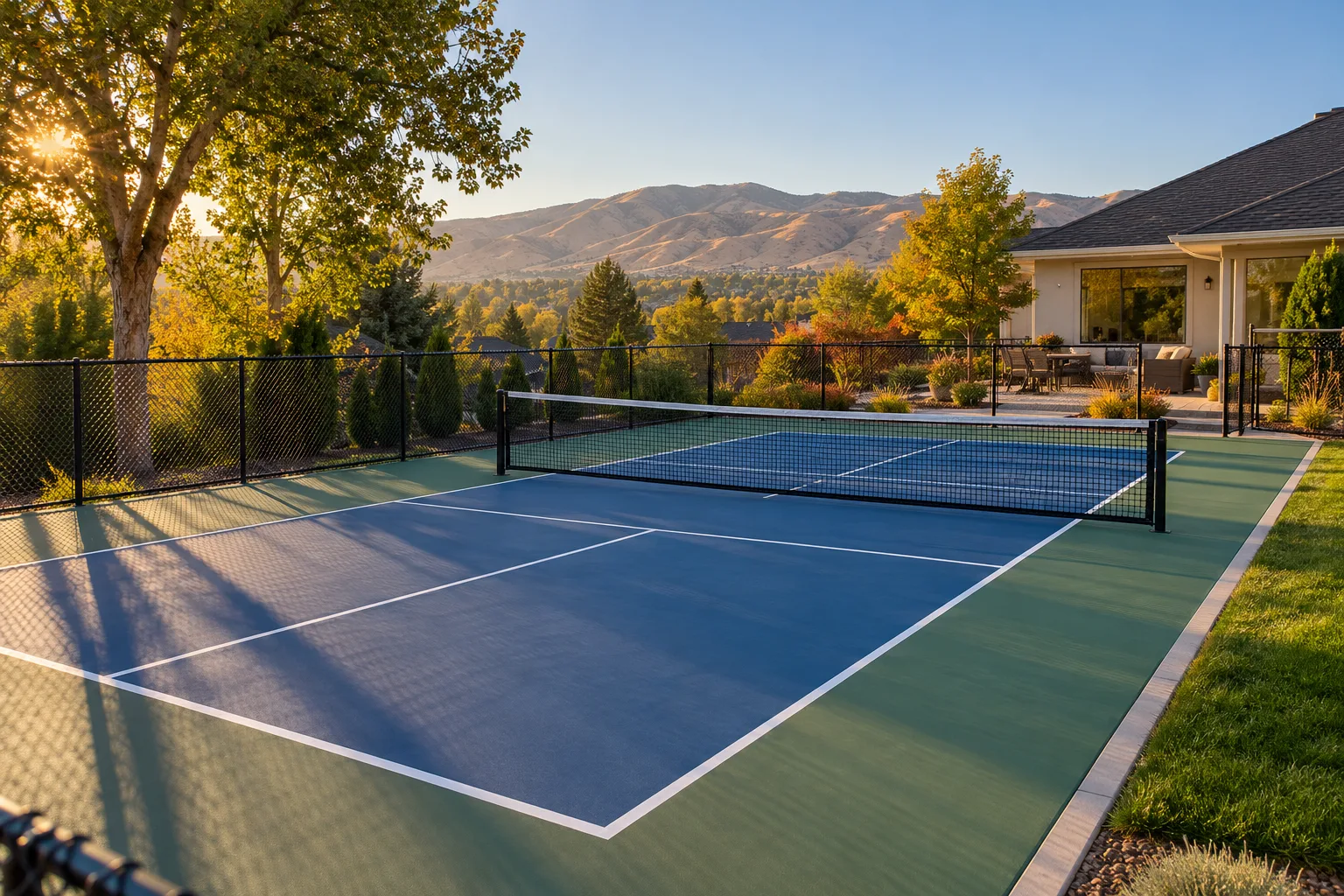 Finished backyard pickleball court with net and perimeter fencing in Boise, Idaho, with foothills in the distance