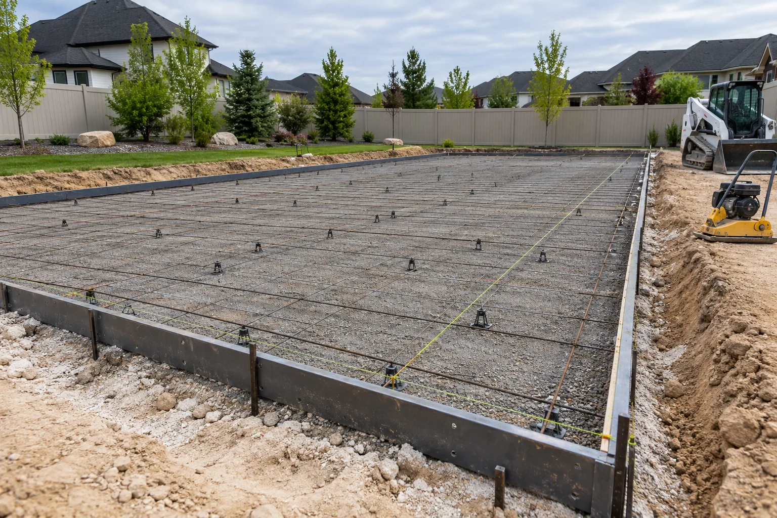 Sport court base graded and compacted with forms and reinforcement set in a Southeast Boise, Idaho backyard