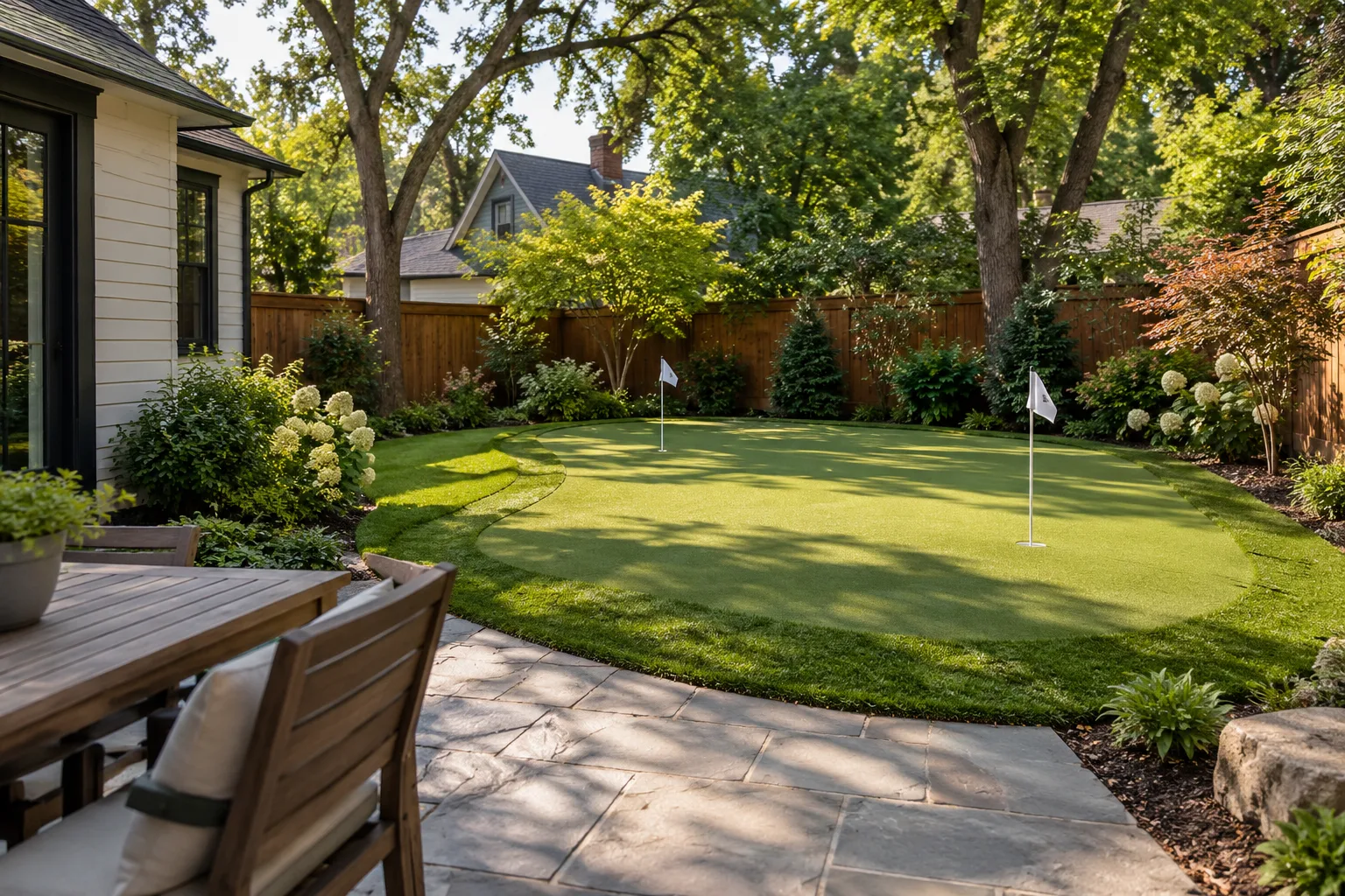 Backyard putting green installation in Boise, Idaho, with cups, flags, and fringe beside mature trees