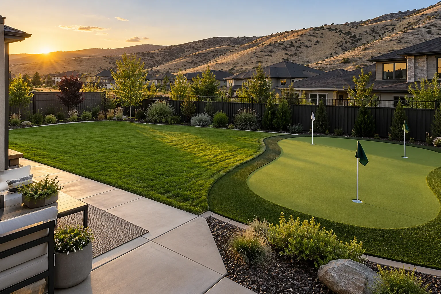 Wide backyard putting green installation in Boise, Idaho, with fringe, patio, and foothills beyond