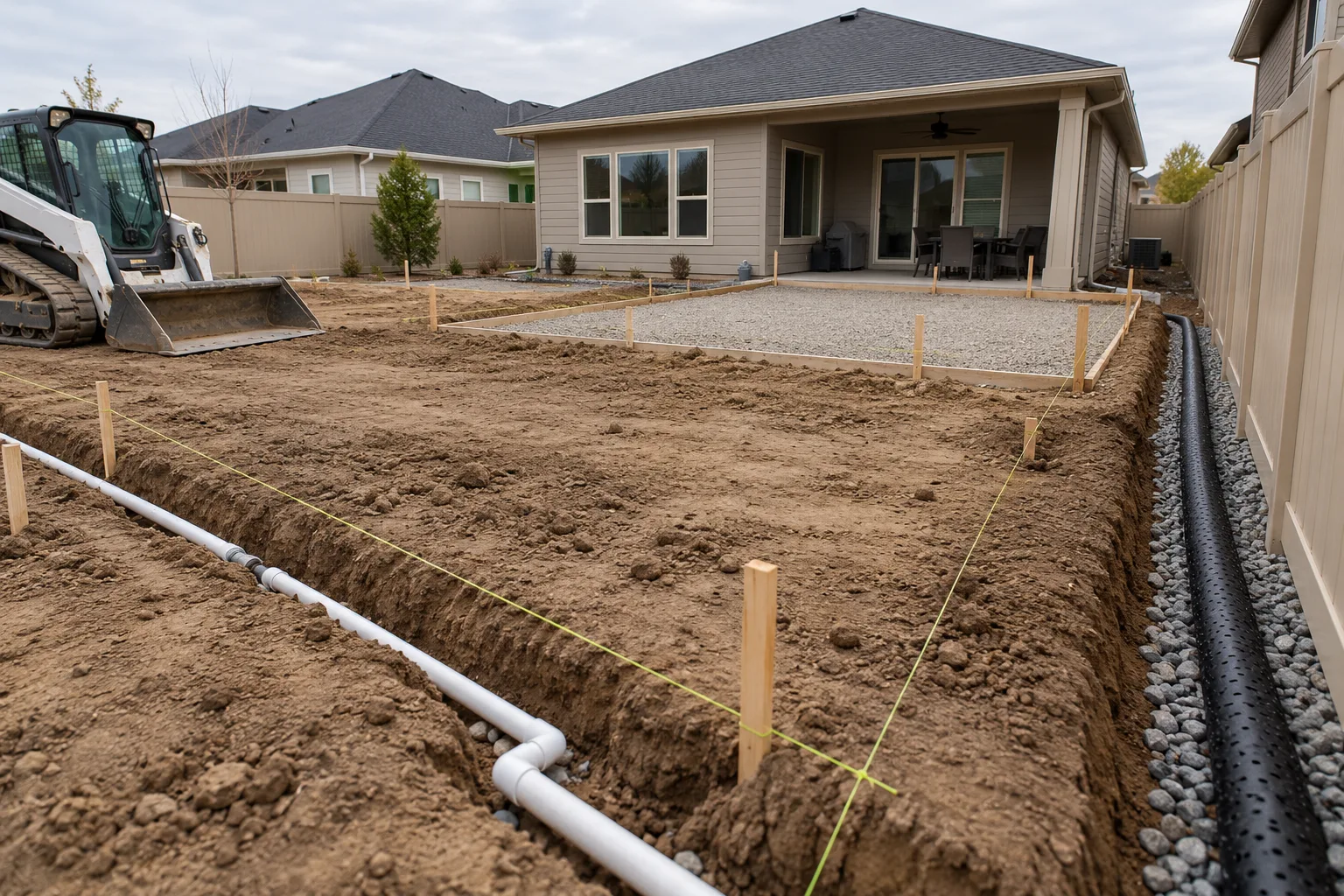 Backyard renovation in Meridian, Idaho during grading, with open irrigation trenches and drain pipe before patio base