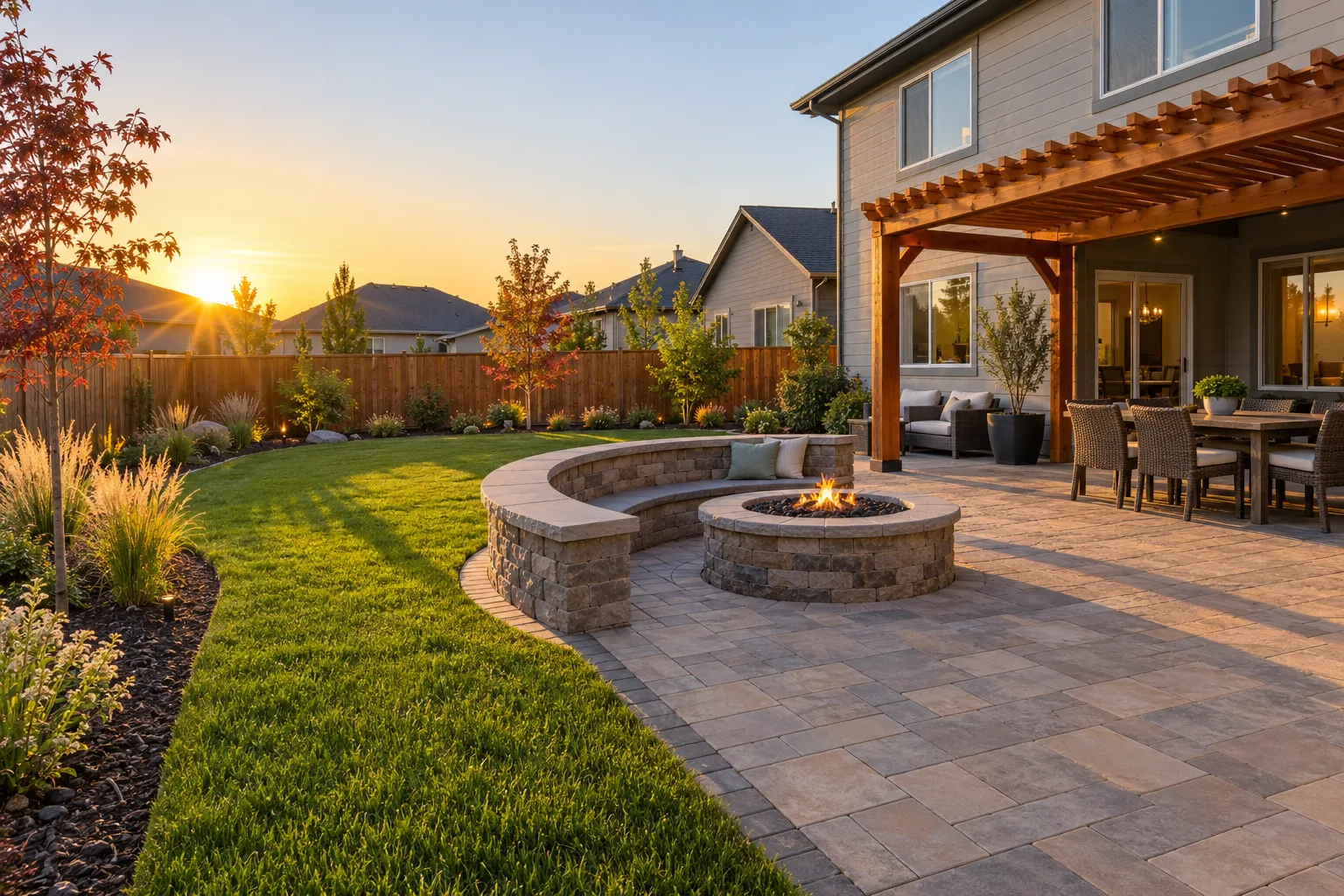 Finished backyard renovation in Meridian, Idaho with paver patio, pergola, fire pit, and fresh green lawn