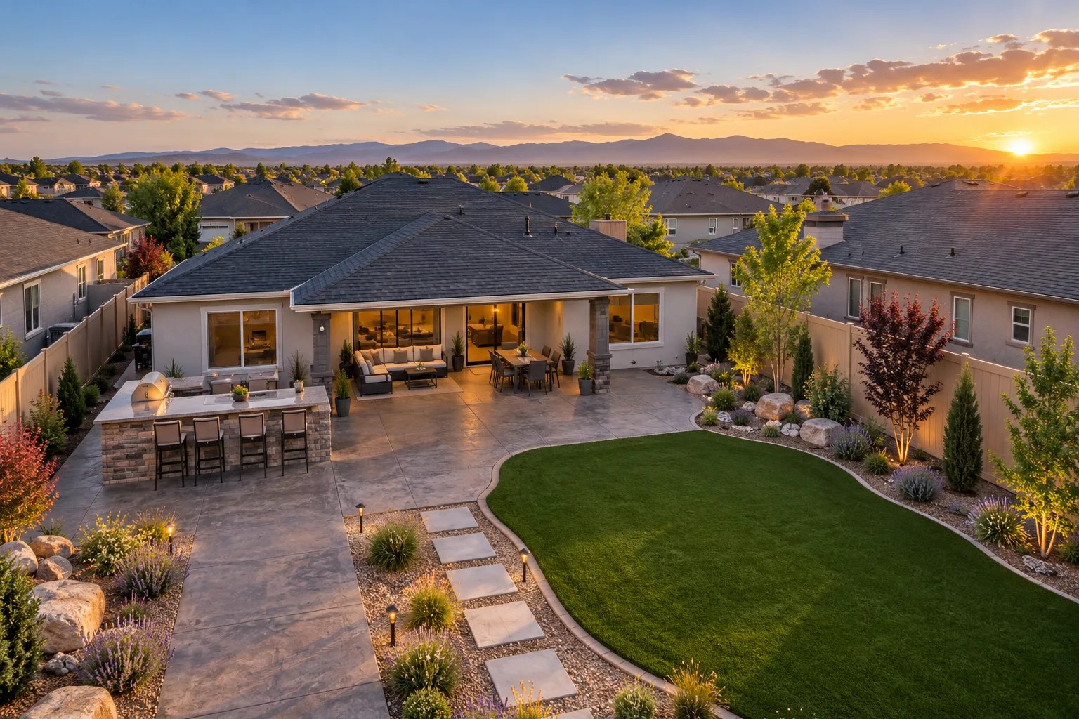 Wide view of a complete backyard renovation in Meridian, Idaho with outdoor kitchen, artificial turf, and xeriscape beds
