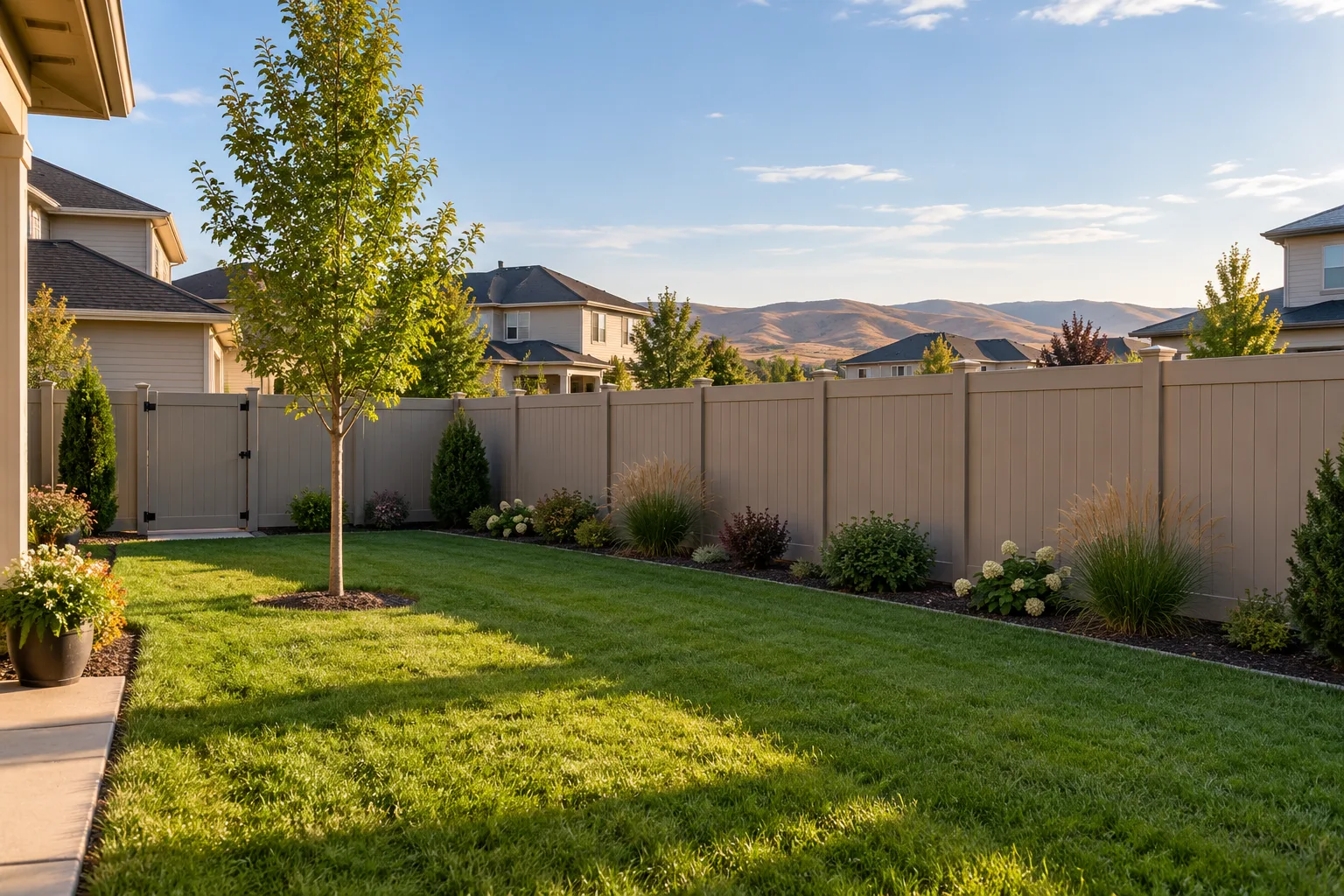 New privacy fence installation with matching walk gate on a flat backyard lot in Meridian, Idaho