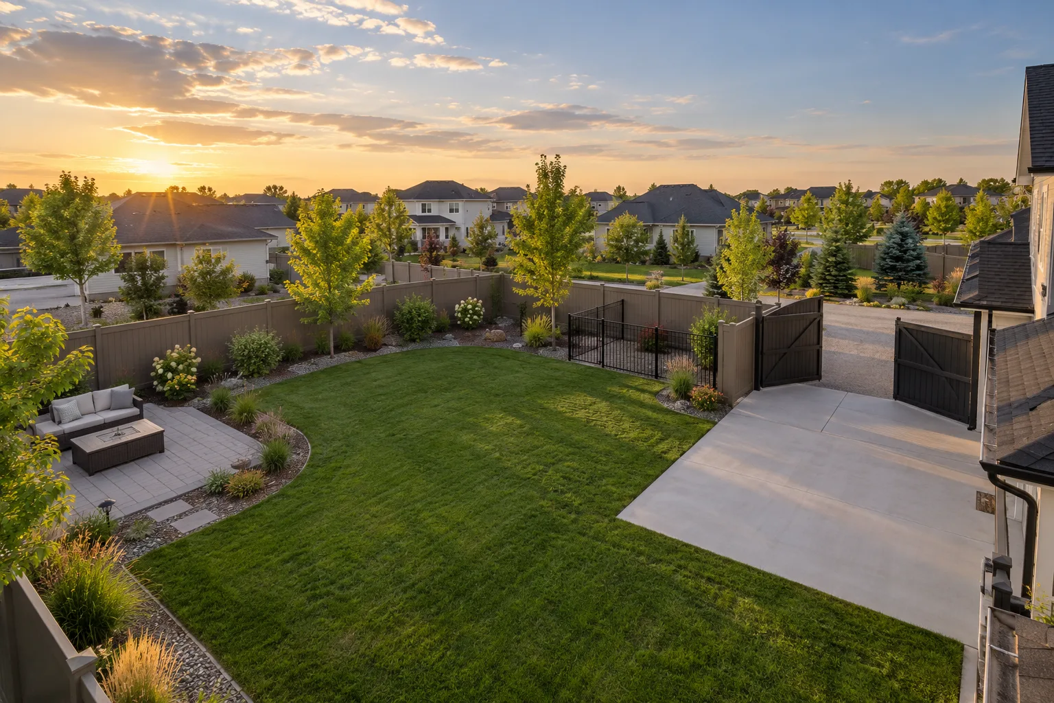 Wide backyard with perimeter fence, pet enclosure, and double RV access gate in Meridian, Idaho