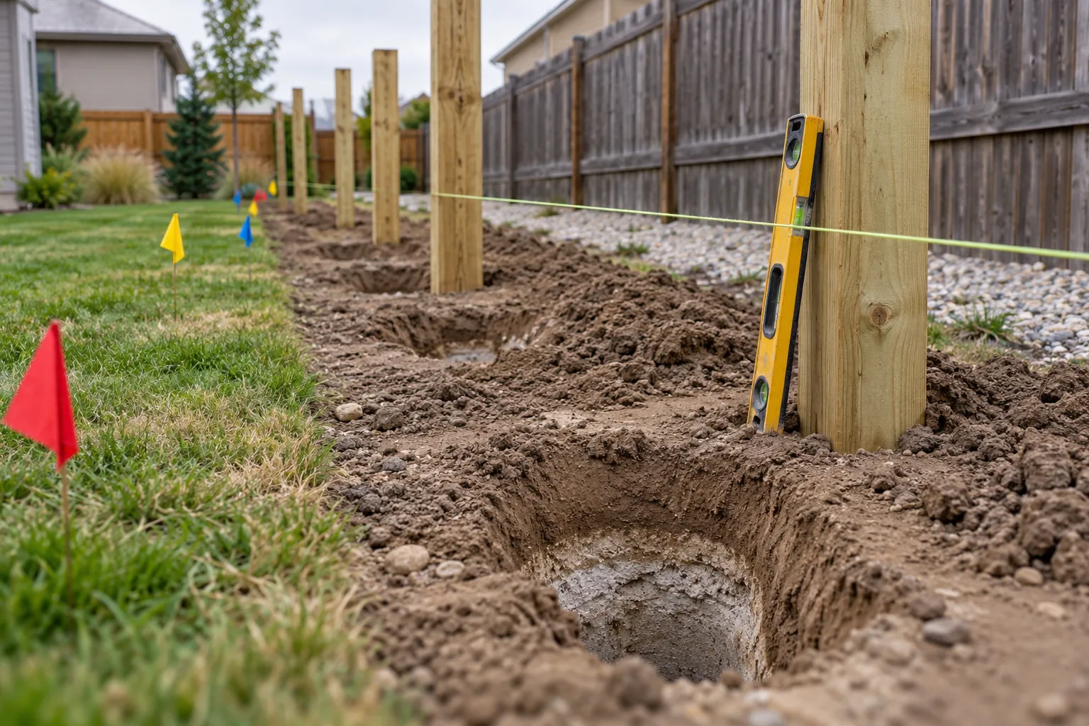 Fence post layout with string line and augered post holes in compacted soil in a Meridian, Idaho backyard