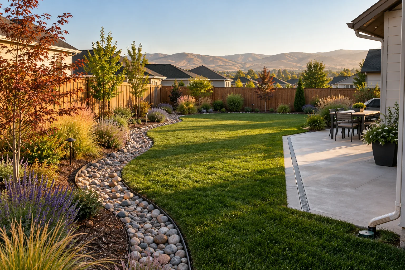 Wide backyard with river rock swale, drip-irrigated beds, and patio channel drain in Meridian, Idaho irrigation and drainage project