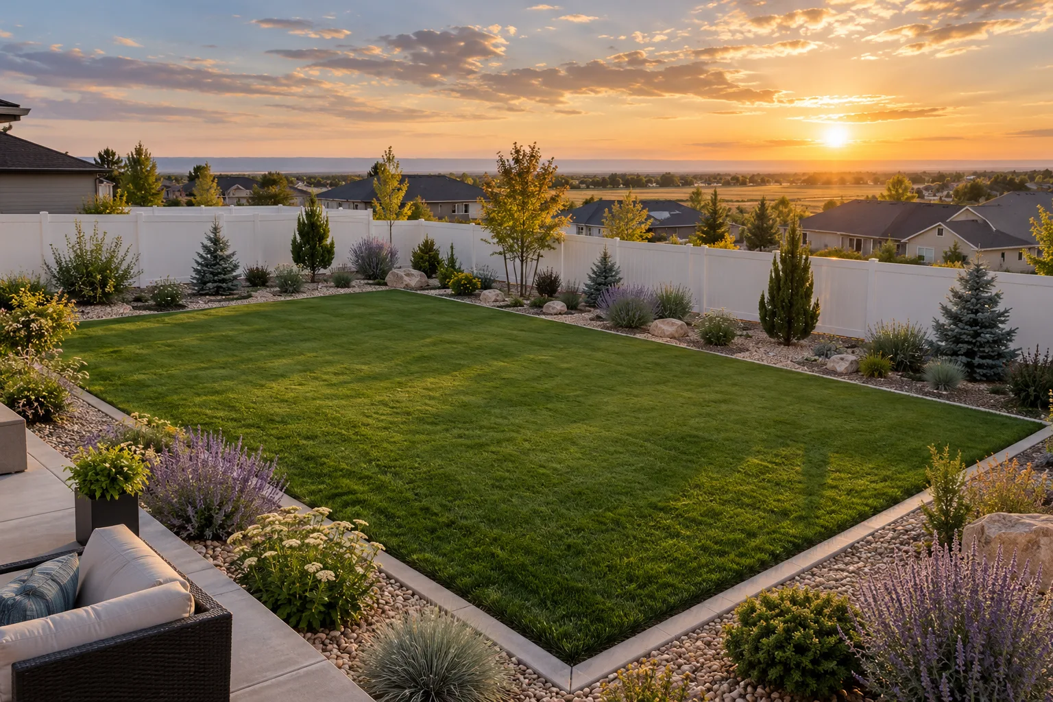 Wide backyard with low-water xeriscape beds, boulders, decorative rock, and a lawn area in Meridian, Idaho