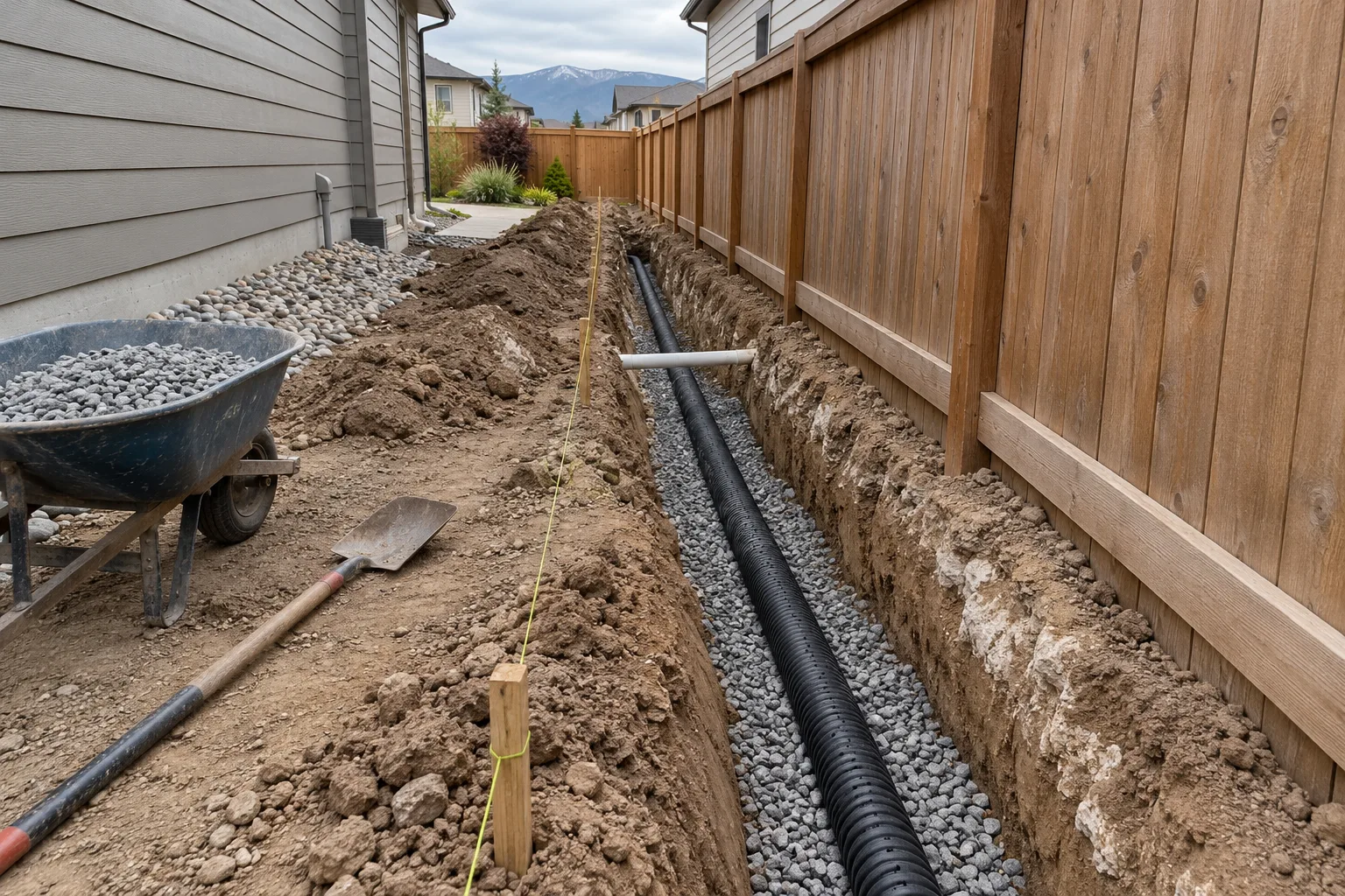 French drain trench with perforated pipe and drain rock along a side yard fence during drainage installation in Meridian, Idaho