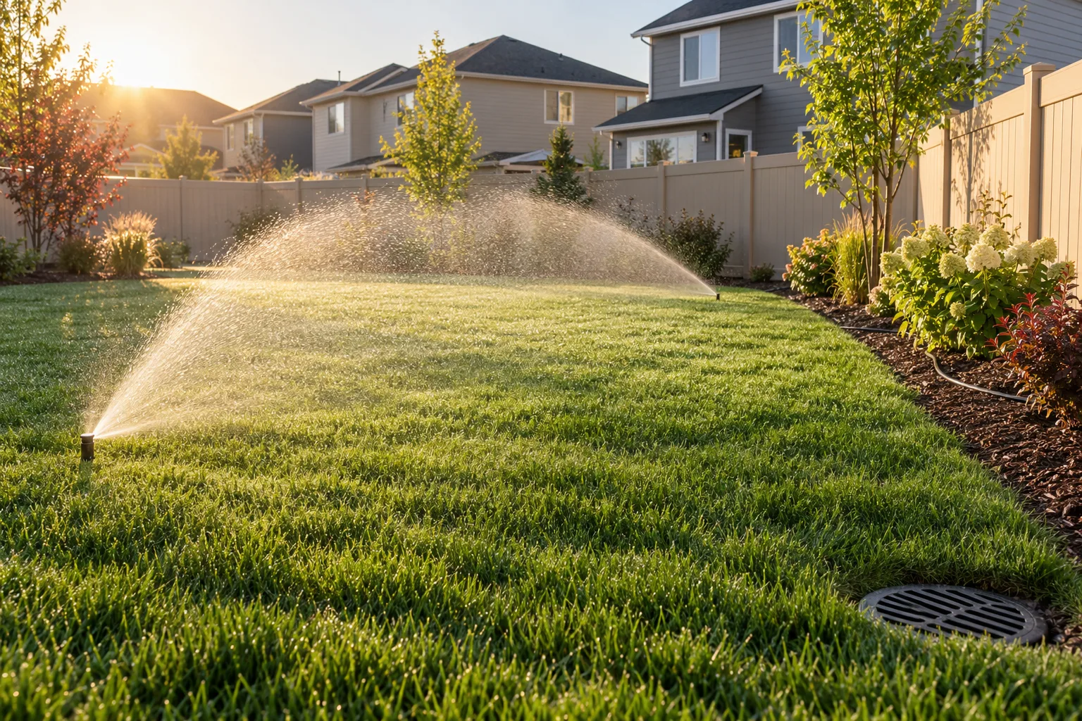 Rotor sprinklers watering a green lawn with a catch basin at the edge in a Meridian, Idaho backyard irrigation and drainage setup