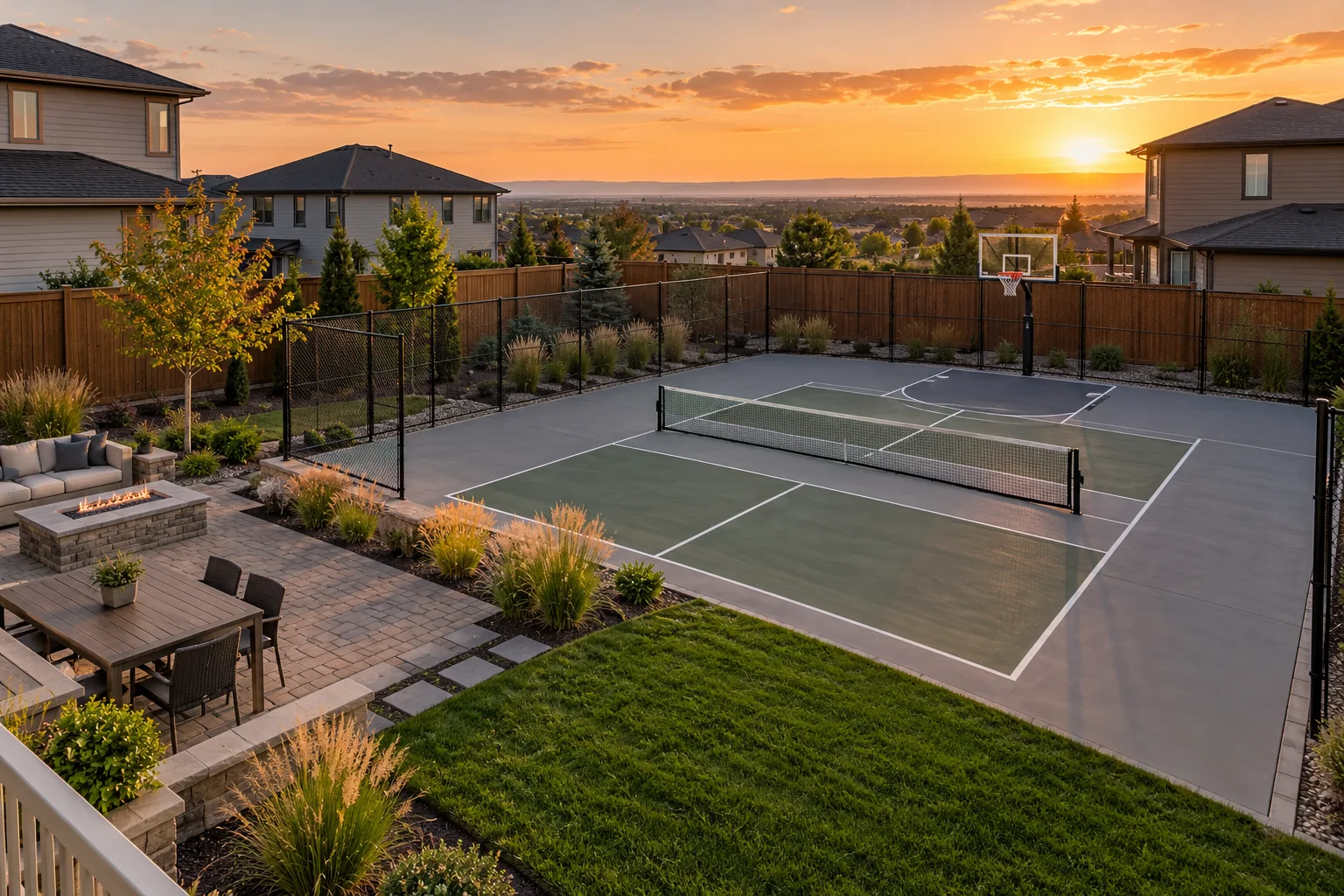 Wide view of a multi-use backyard sport court with pickleball net and basketball hoop in a Meridian, Idaho yard