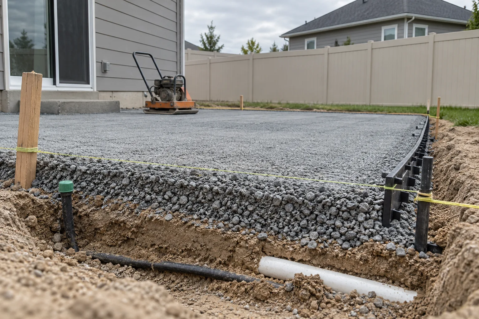 Compacted aggregate base and edge restraint for a paver patio being prepared in a Meridian, Idaho backyard