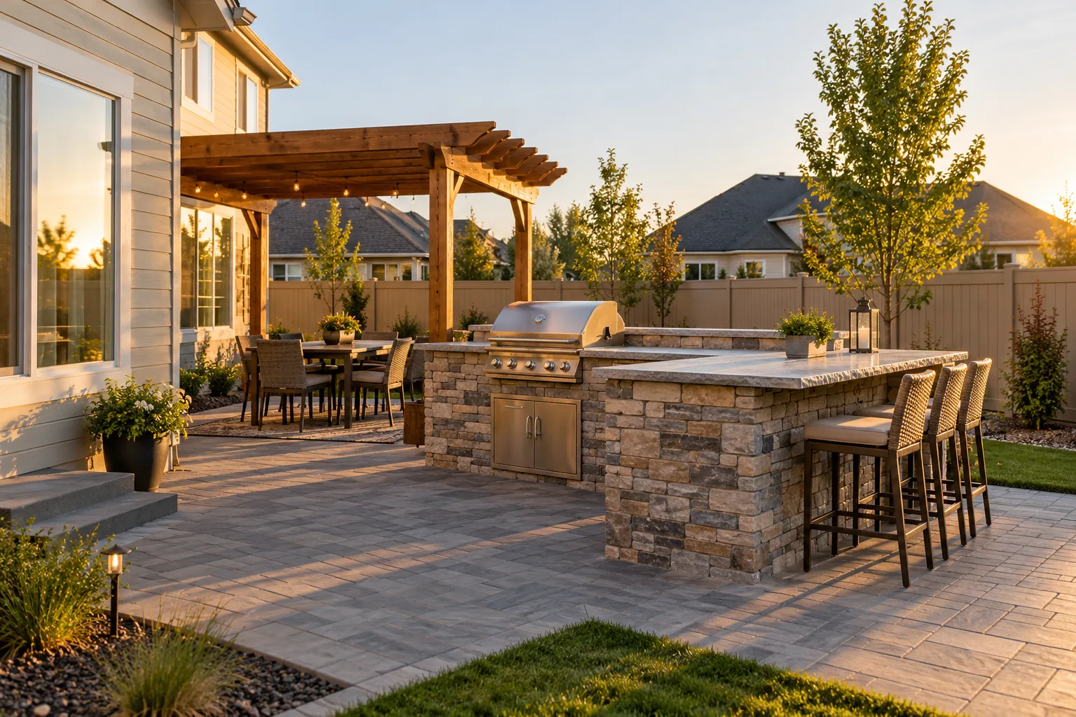 Outdoor kitchen BBQ island with grill and bar counter on a paver patio in a Meridian, Idaho backyard
