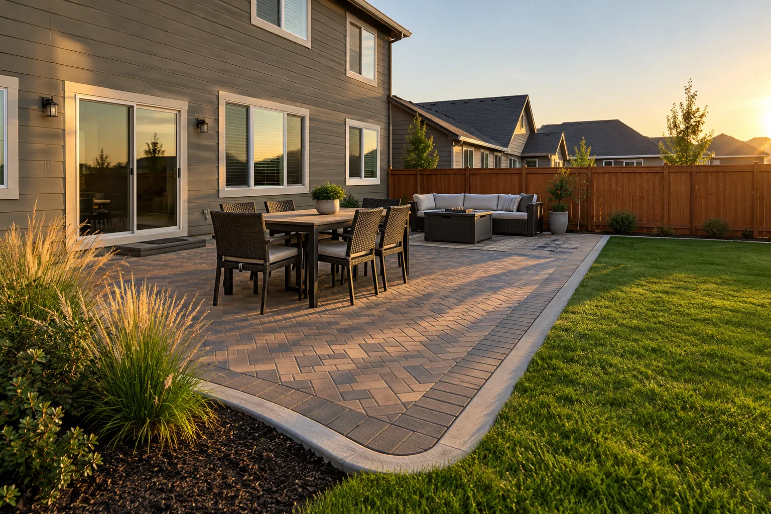 Paver patio with seating area behind a suburban home in Meridian, Idaho, pitched to drain toward a lawn edge