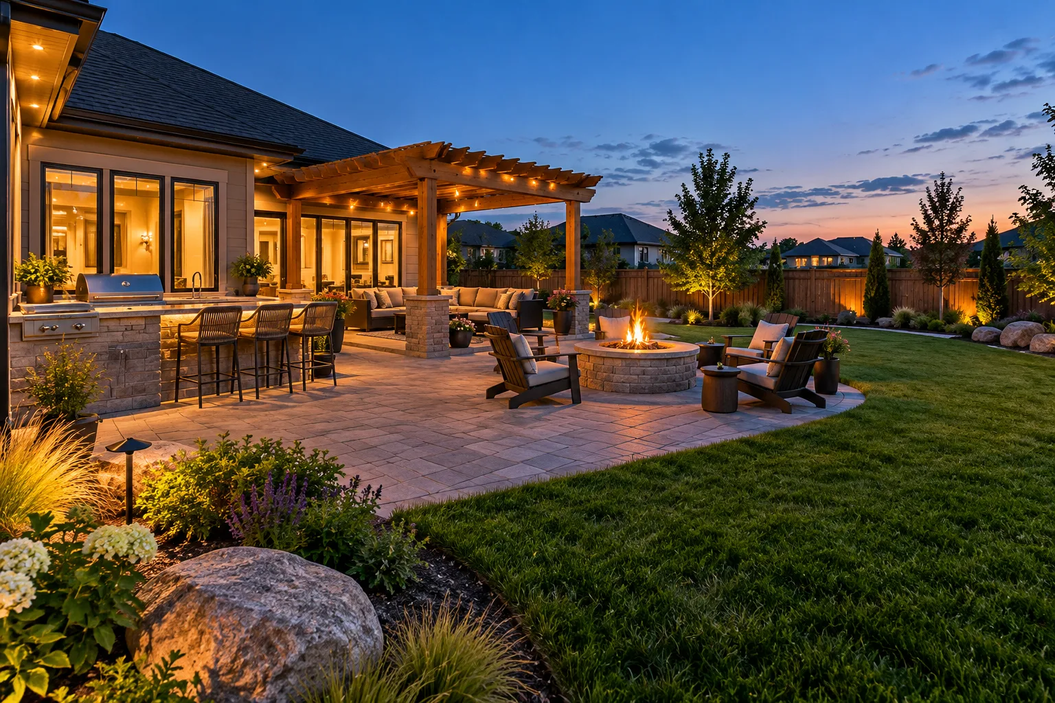 Wide view of a Meridian, Idaho backyard with outdoor kitchen, gas fire pit, pergola, and lawn