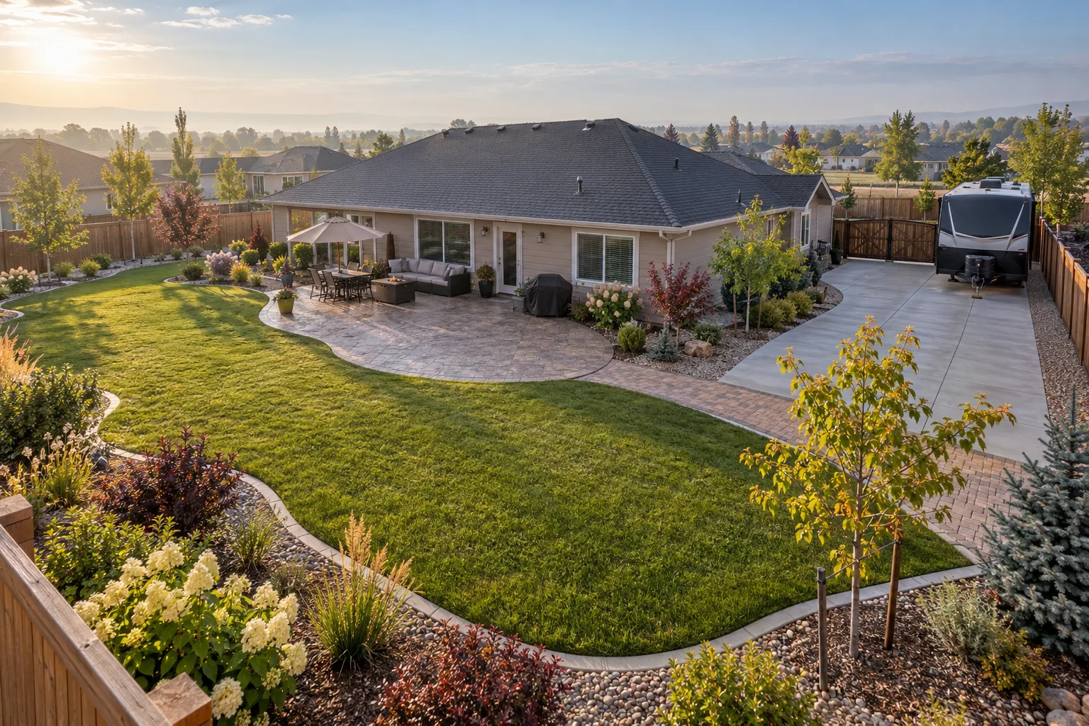 Wide backyard in Meridian, Idaho with stamped concrete patio, paver walkway, RV pad, and new landscaping