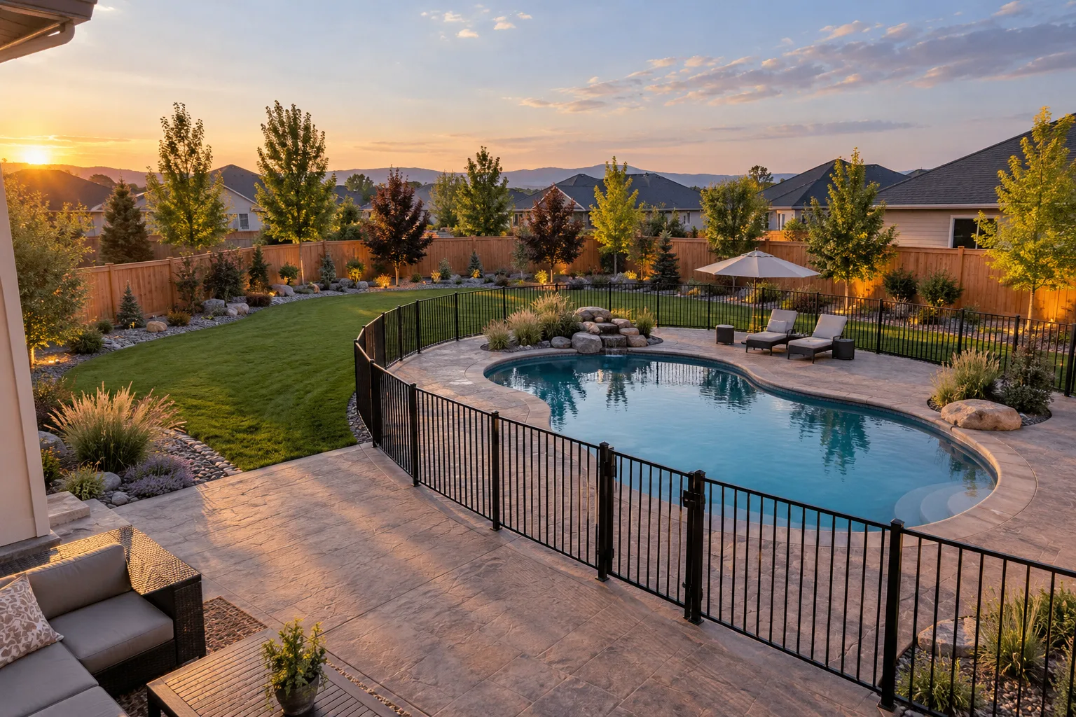 Wide view of a Meridian, Idaho backyard with pool deck, pool fencing, sod lawn, and landscaped beds