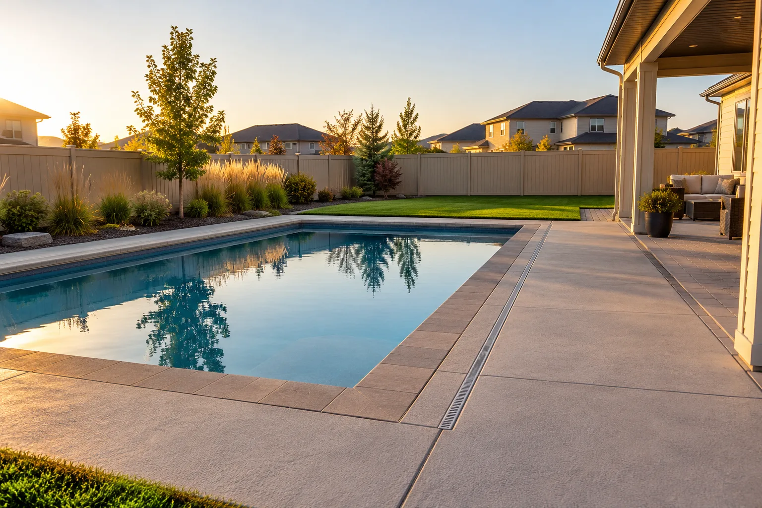 Finished concrete pool deck with paver border and drainage slope in a Meridian, Idaho subdivision backyard
