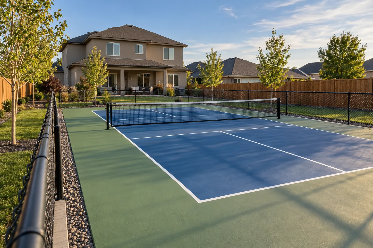 Finished backyard pickleball court with net and perimeter fencing behind a home in Meridian, Idaho