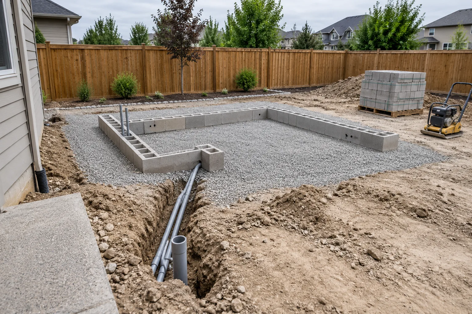 Outdoor kitchen base preparation with compacted gravel and utility trench in a Meridian, Idaho backyard